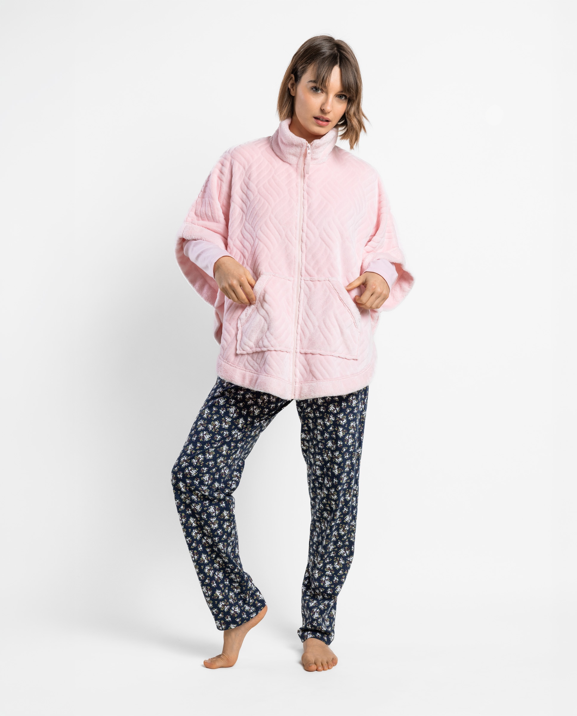 Bata de manga corta de mujer de tejido corel polar con cremallera - Admas - Rosa Rosa-1