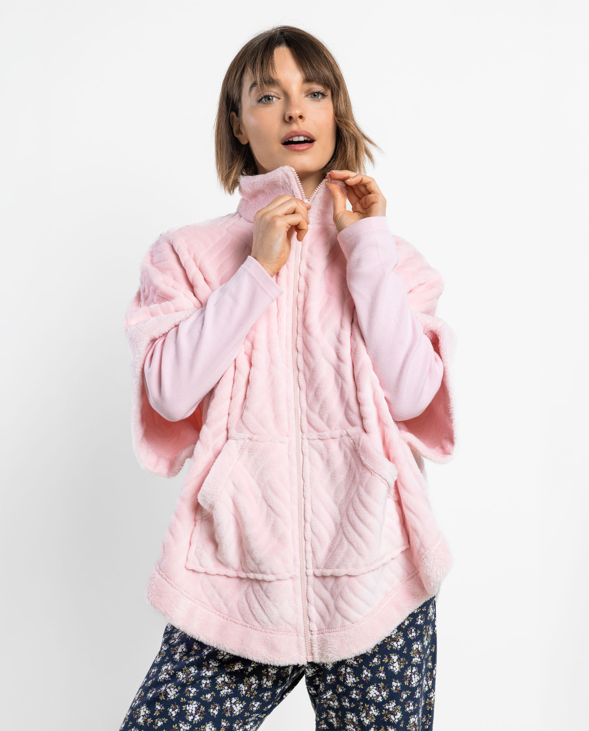 Bata de manga corta de mujer de tejido corel polar con cremallera - Admas - Rosa Rosa-3