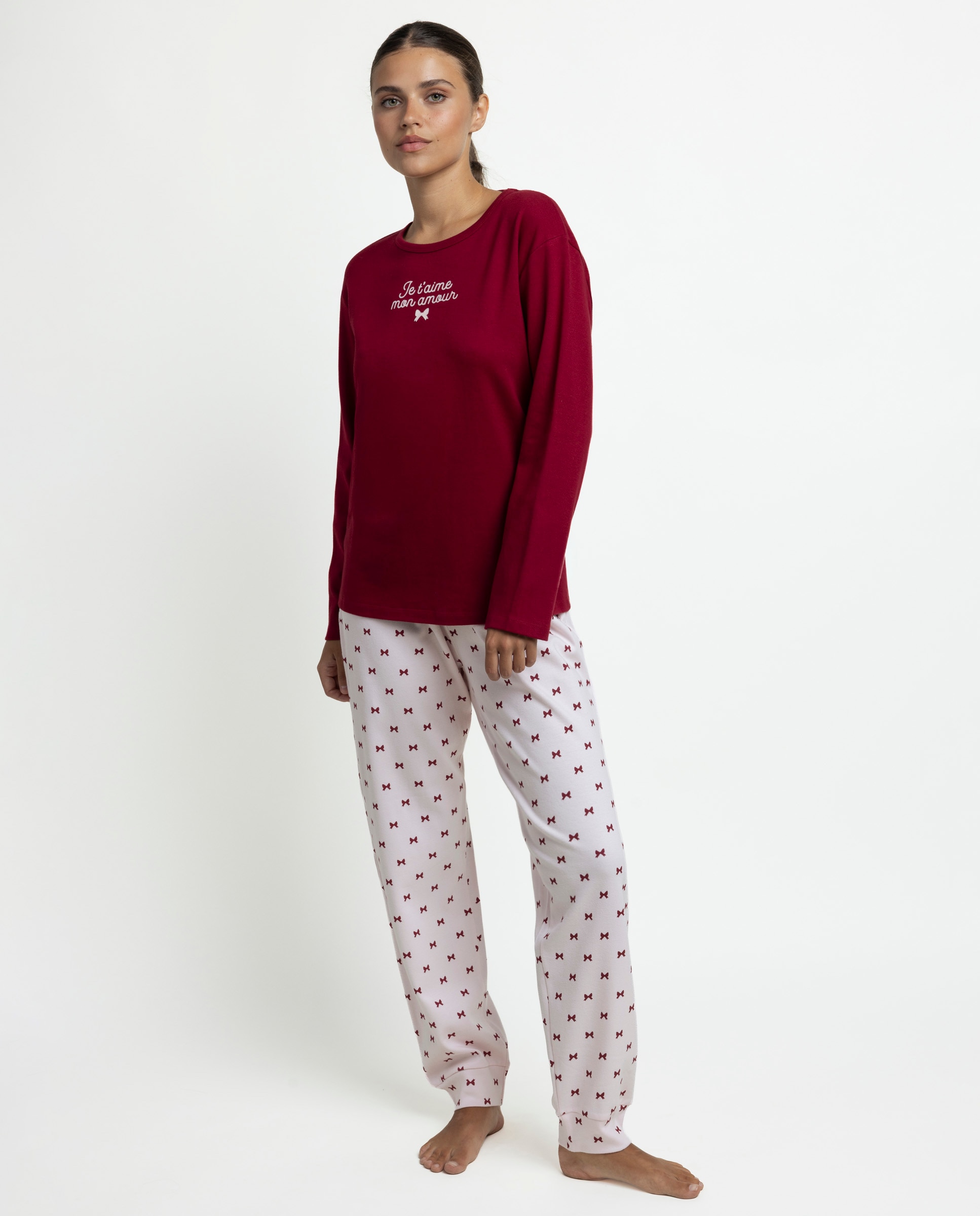 Pijama largo de mujer de punto interlock de algodón - Admas - Burdeos Burdeos-1