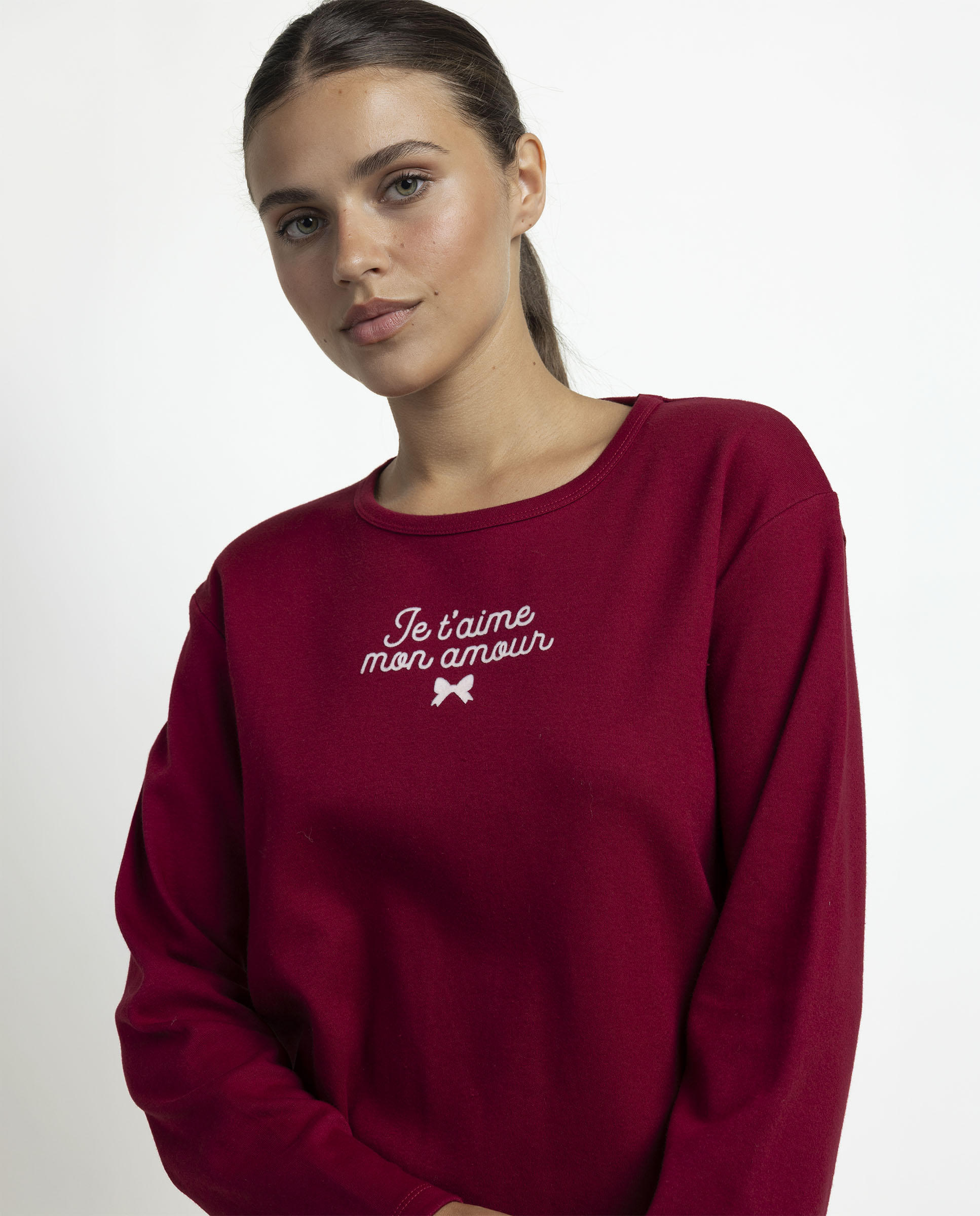 Pijama largo de mujer de punto interlock de algodón - Admas - Burdeos Burdeos-2