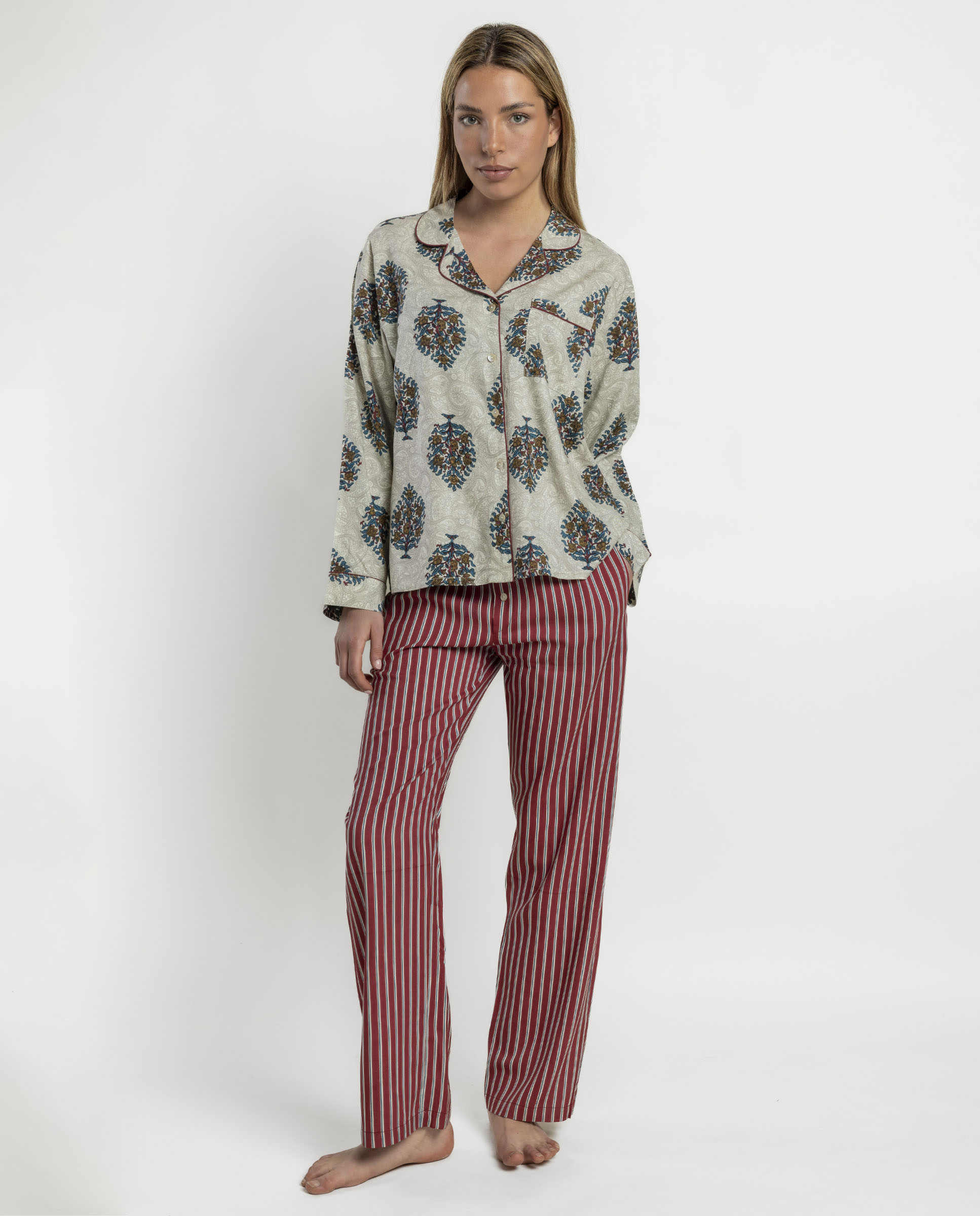 Pijama largo abierto de mujer de tela viscosa - Admas - Beige Beige-1