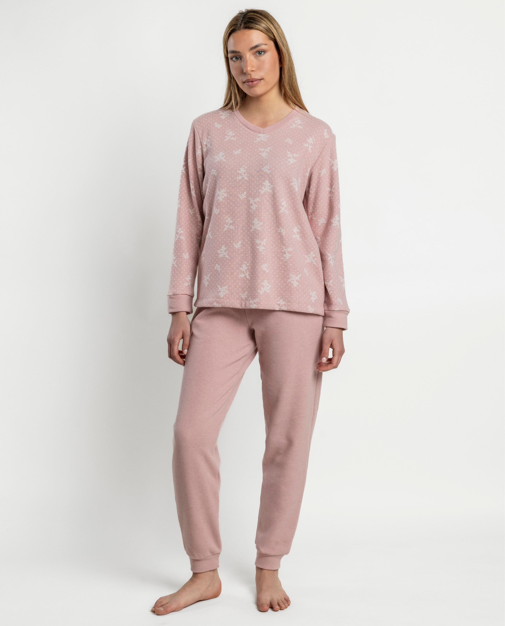 Pijama largo de mujer de punto de algodón - Admas - Rosa Rosa-1