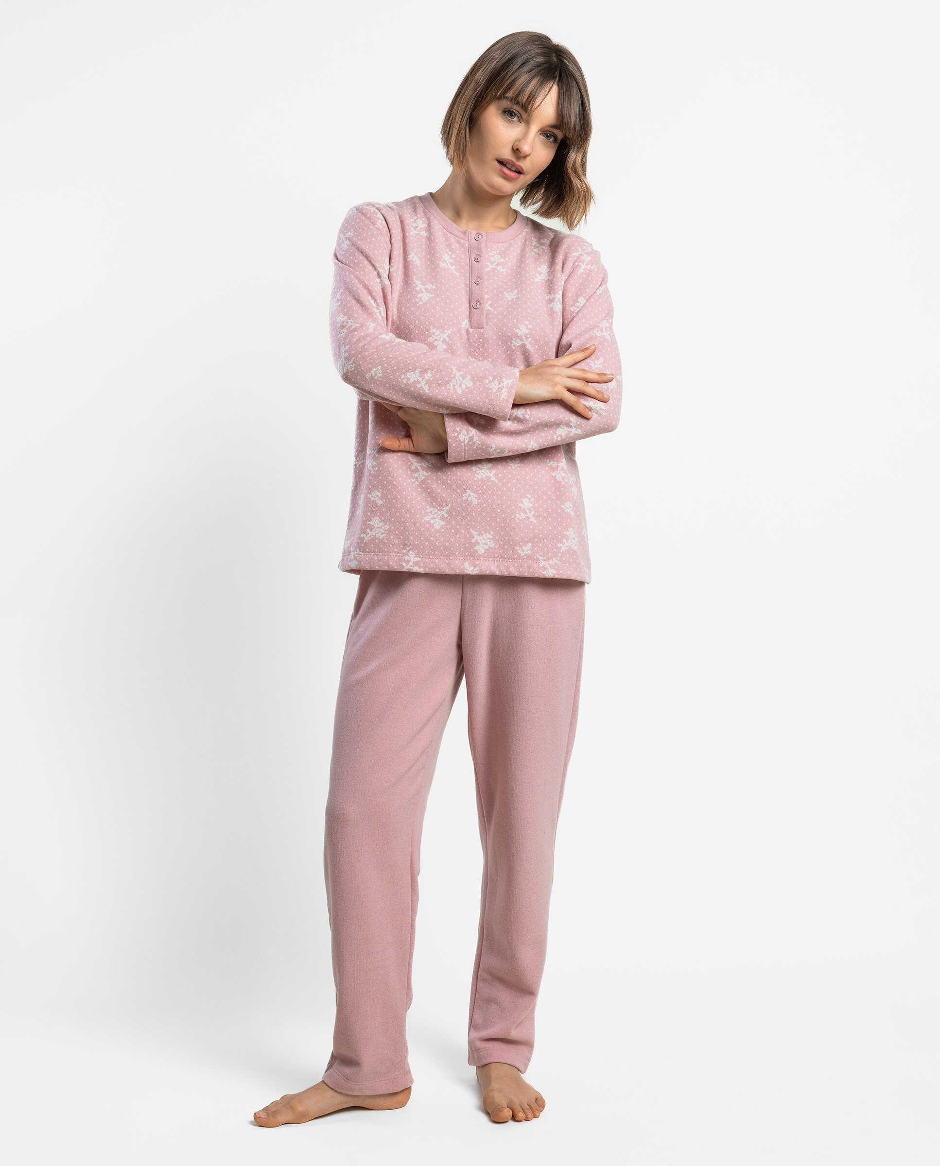 Pijama largo de mujer de punto de algodón - Admas - Rosa Rosa-1