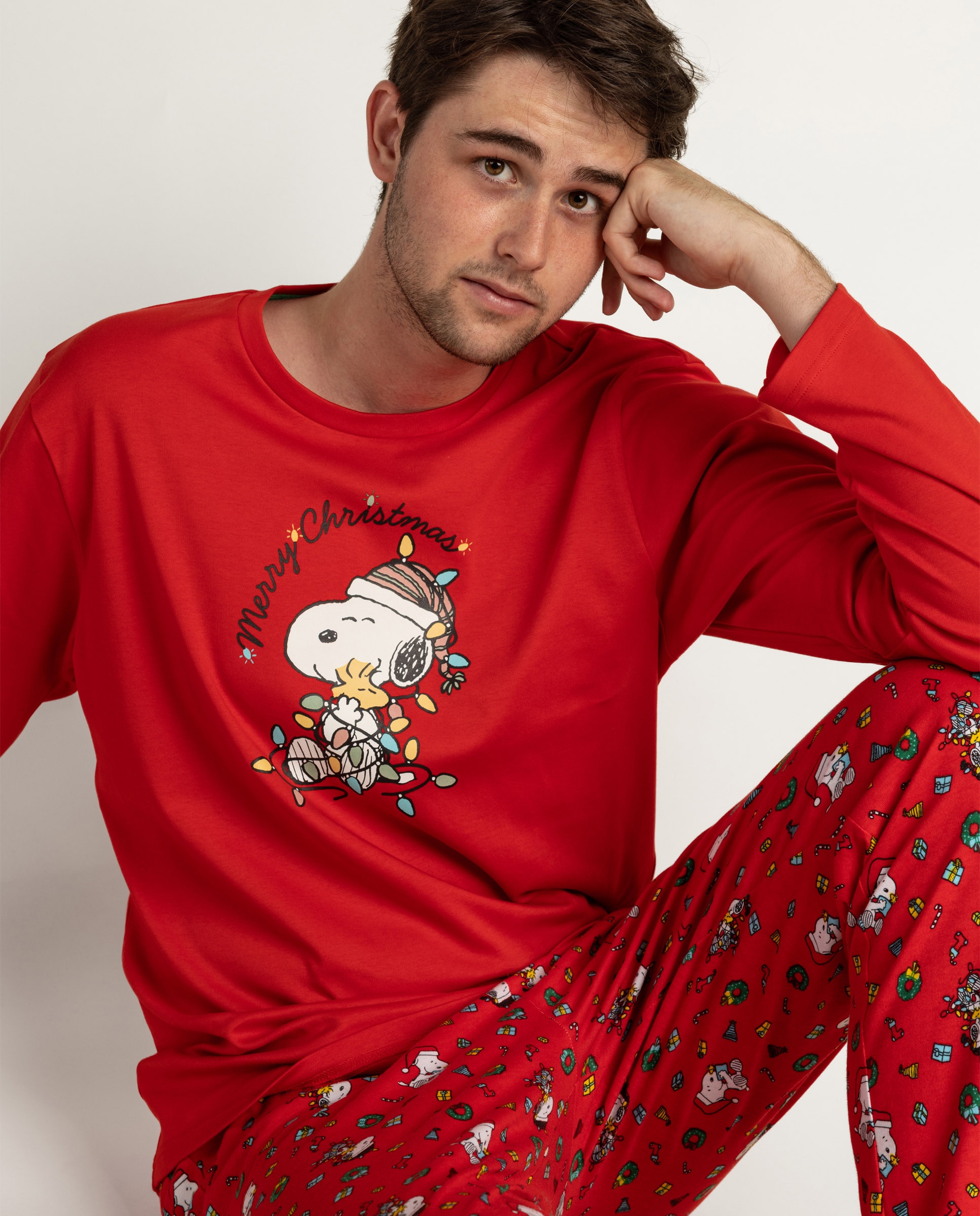 Pijama completo largo de hombre de punto de algodón - Peanuts - Rojo Rojo-3