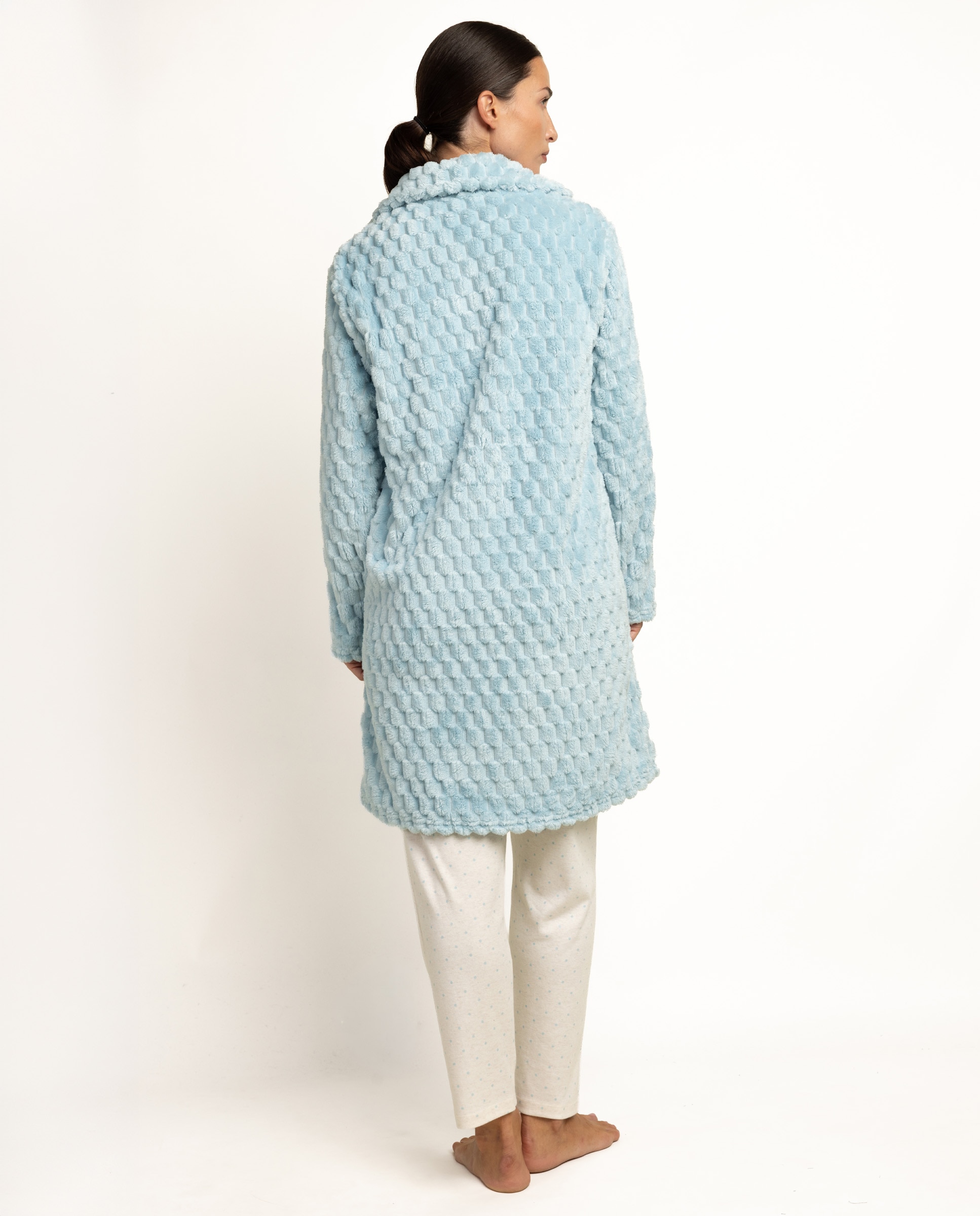 Bata de manga larga de mujer de tejido calentito con botones - Admas - Azul claro Azul claro-2