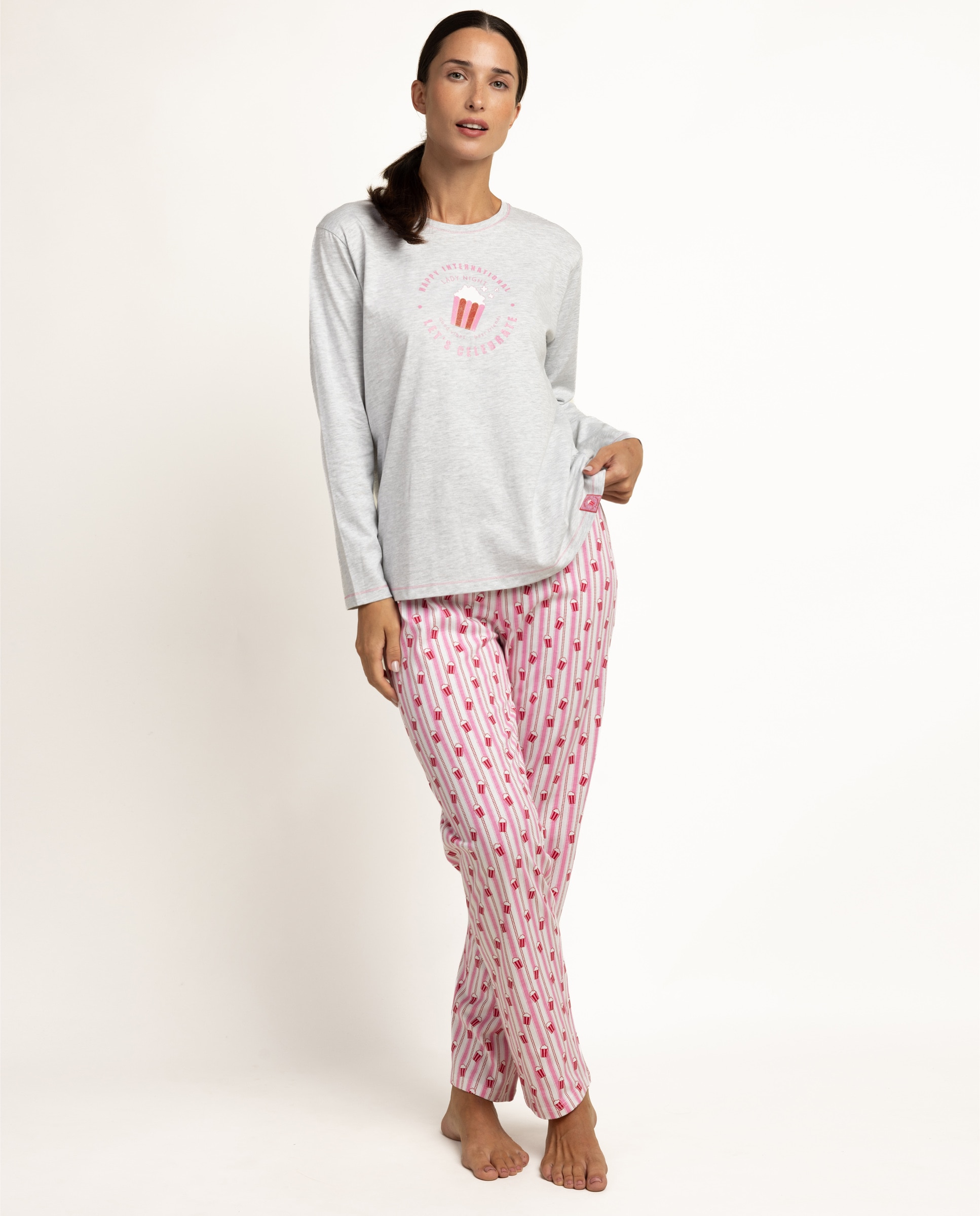 Imagen 0 de Pijama largo de mujer de punto de algodón Gris