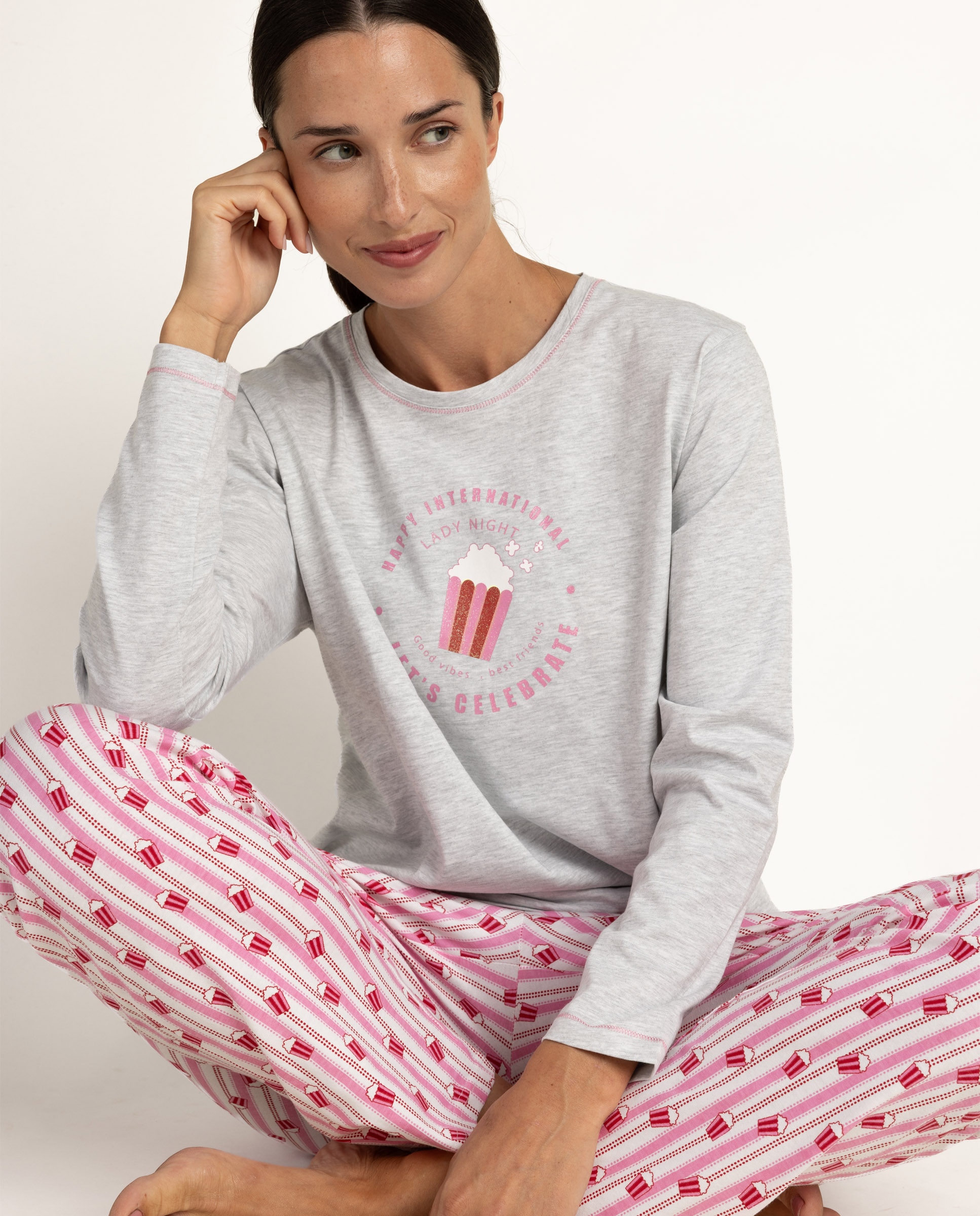 Pijama largo de mujer de punto de algodón - Admas - Gris Gris-3