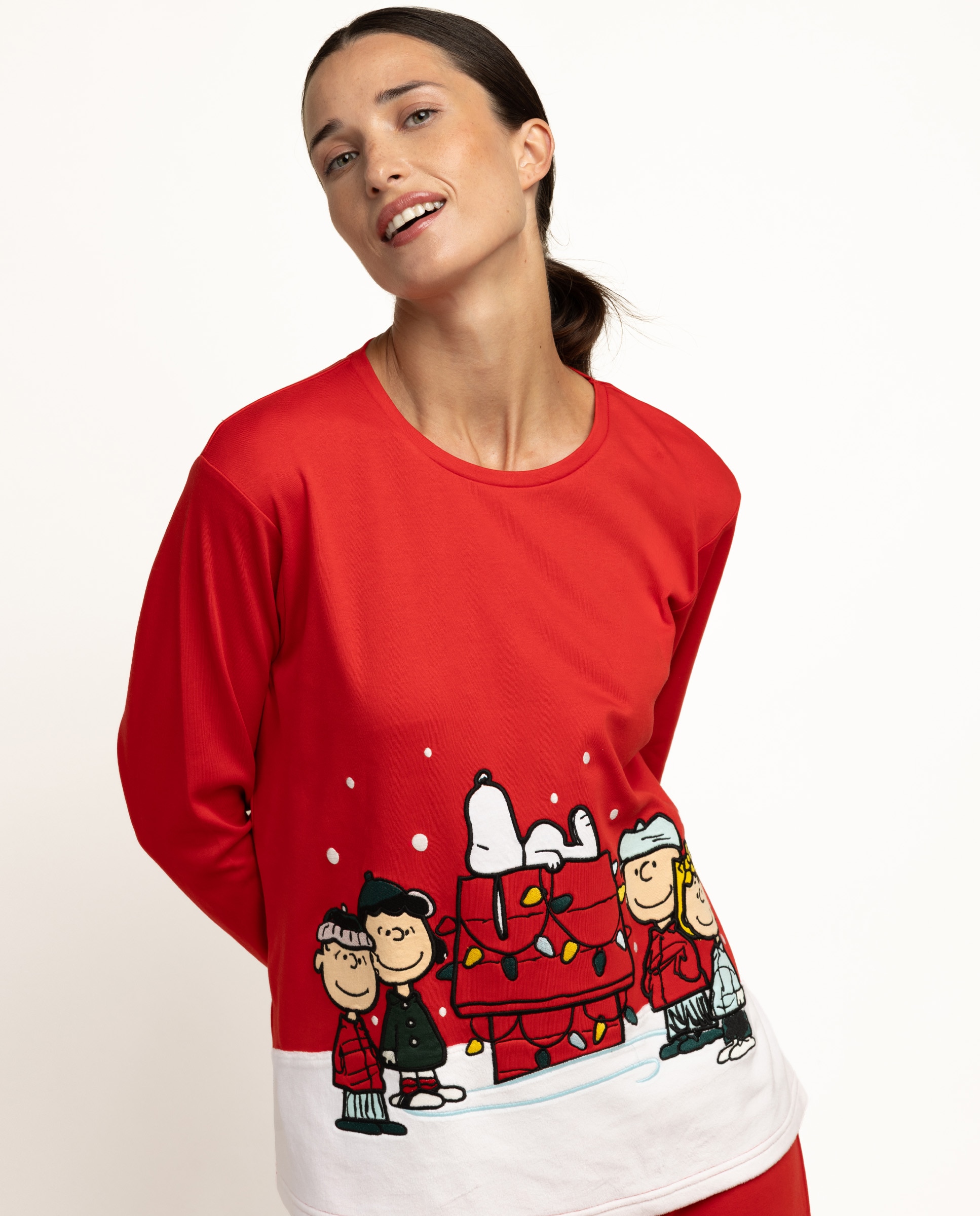 Pijama largo de mujer de punto interlock de algodón - Peanuts - Rojo Rojo-3