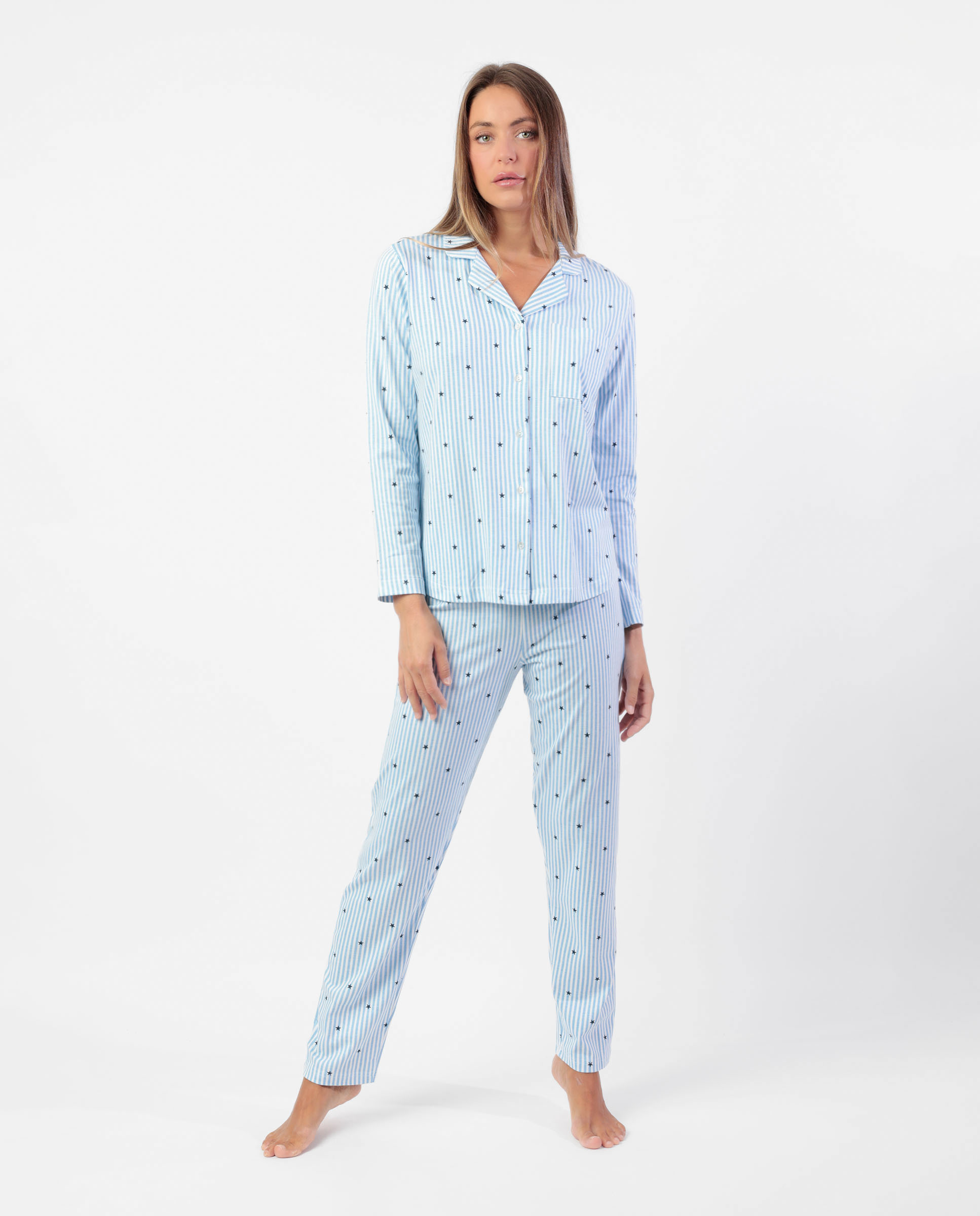Pijama largo abierto de mujer de punto viscosa - Admas - Azul Azul-1