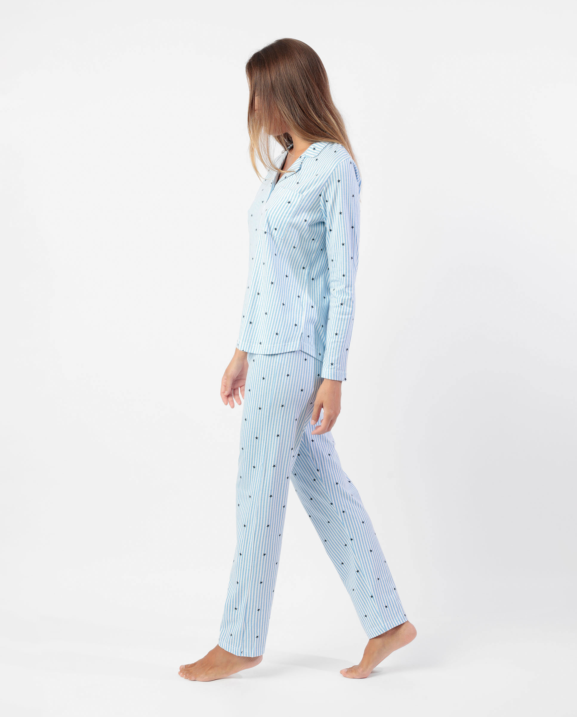 Pijama largo abierto de mujer de punto viscosa - Admas - Azul Azul-2