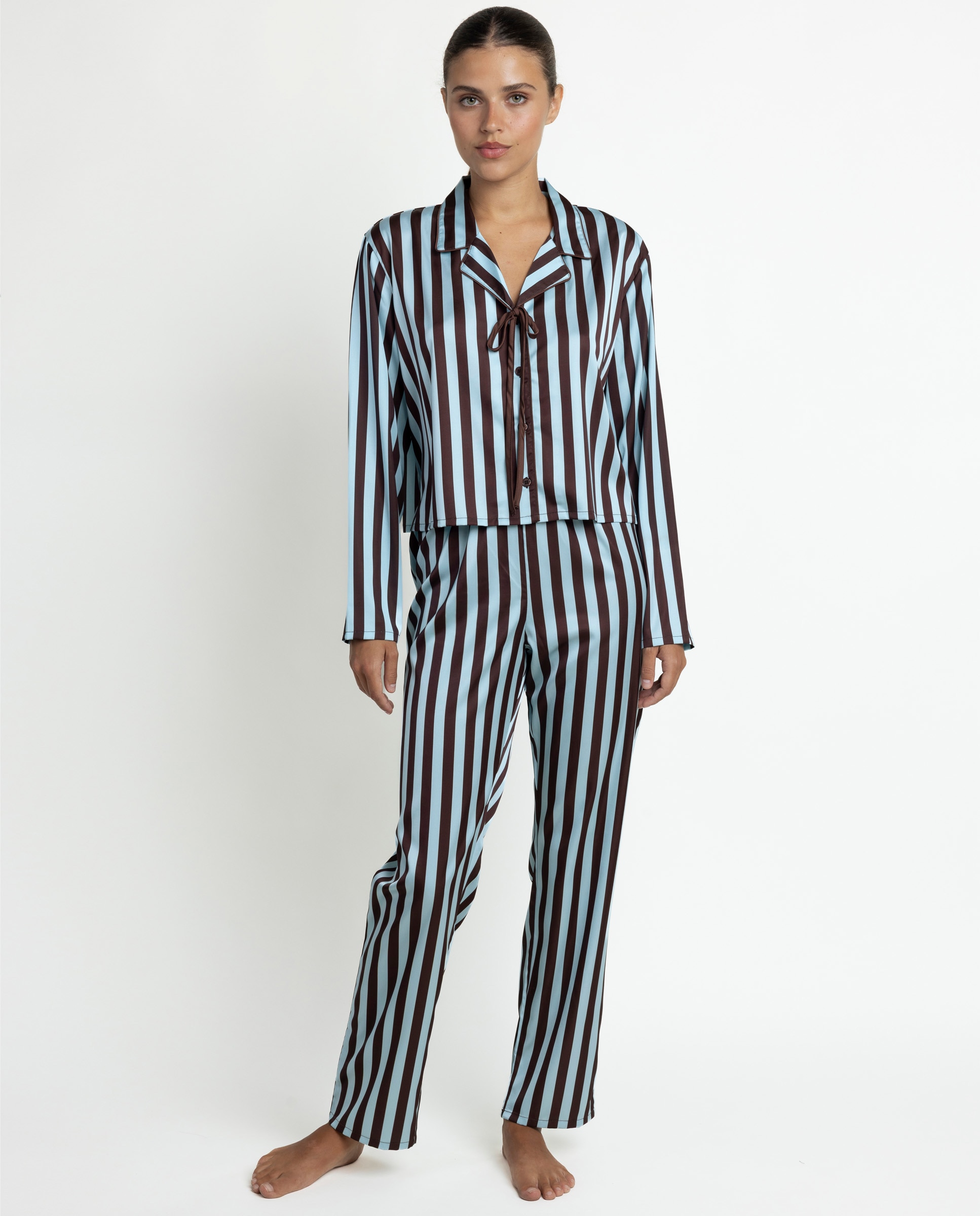 Pijama largo abierto de mujer de tela satén - Admas - Azul Azul-1