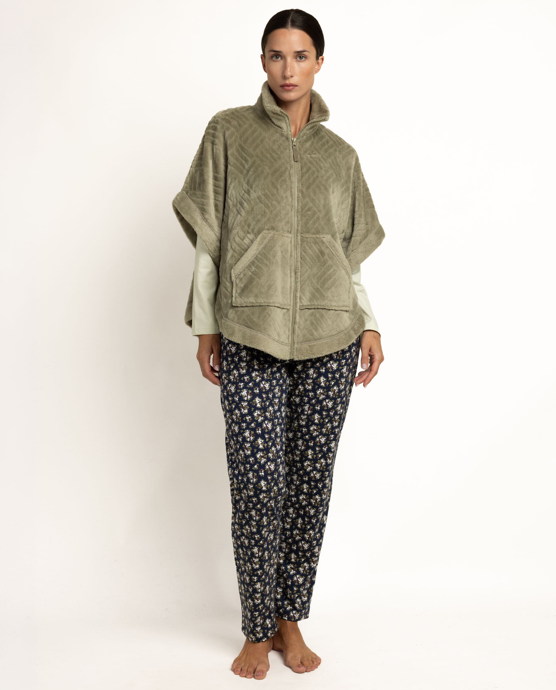 Bata de manga corta de mujer de tejido corel polar con cremallera - Admas - Verde Verde-1