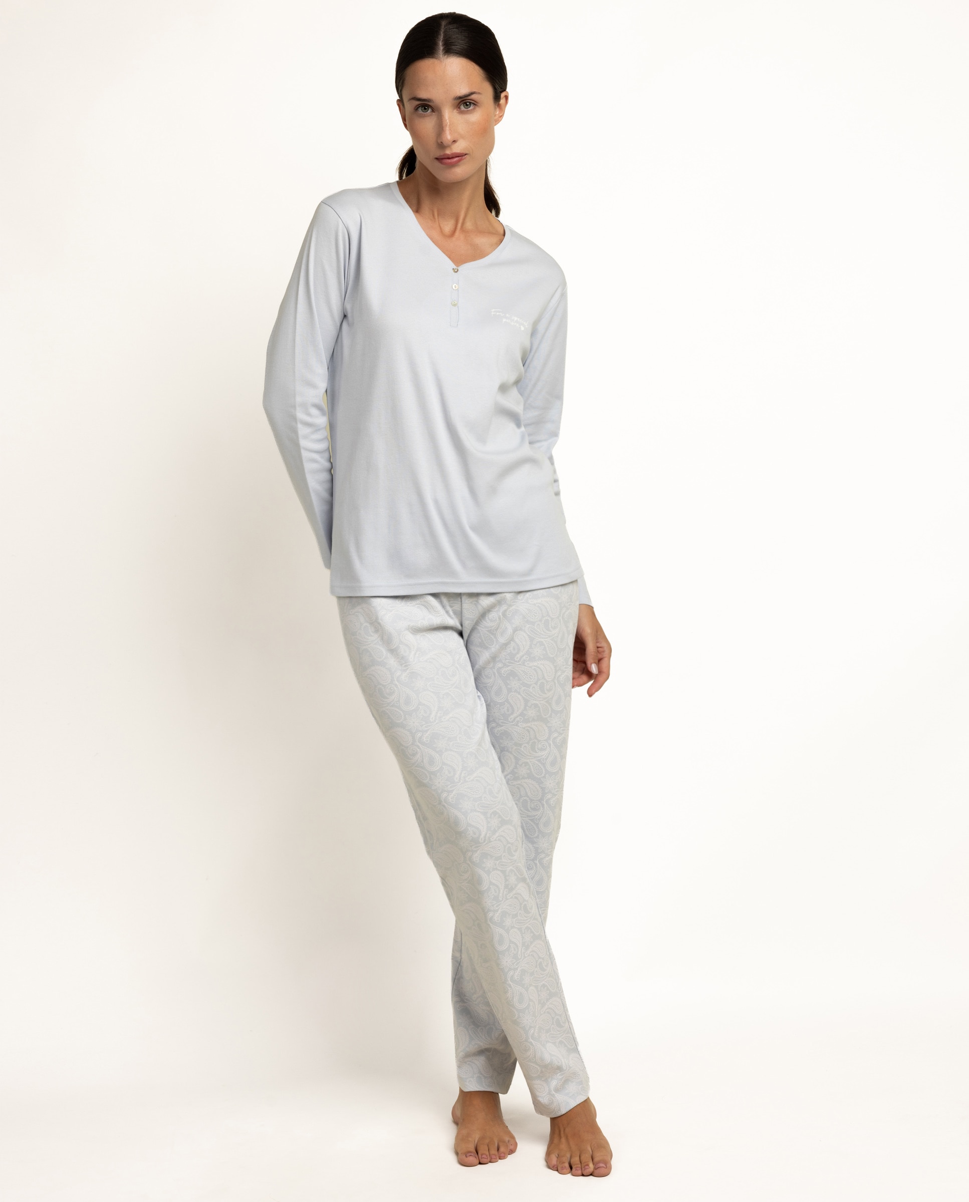 Imagen 0 de Pijama largo de mujer de punto interlock de algodón Azul