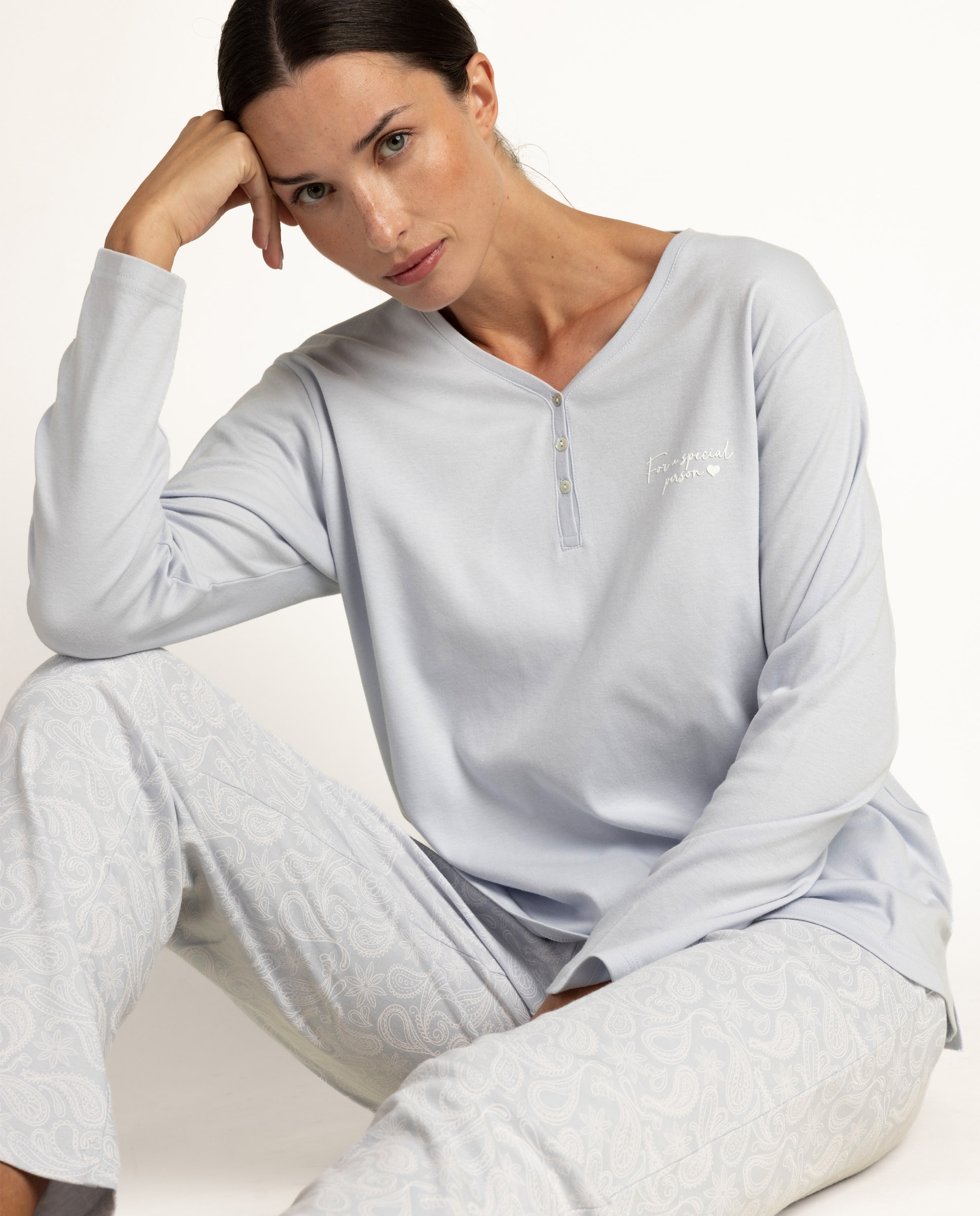 Pijama largo de mujer de punto interlock de algodón - Admas - Azul Azul-3