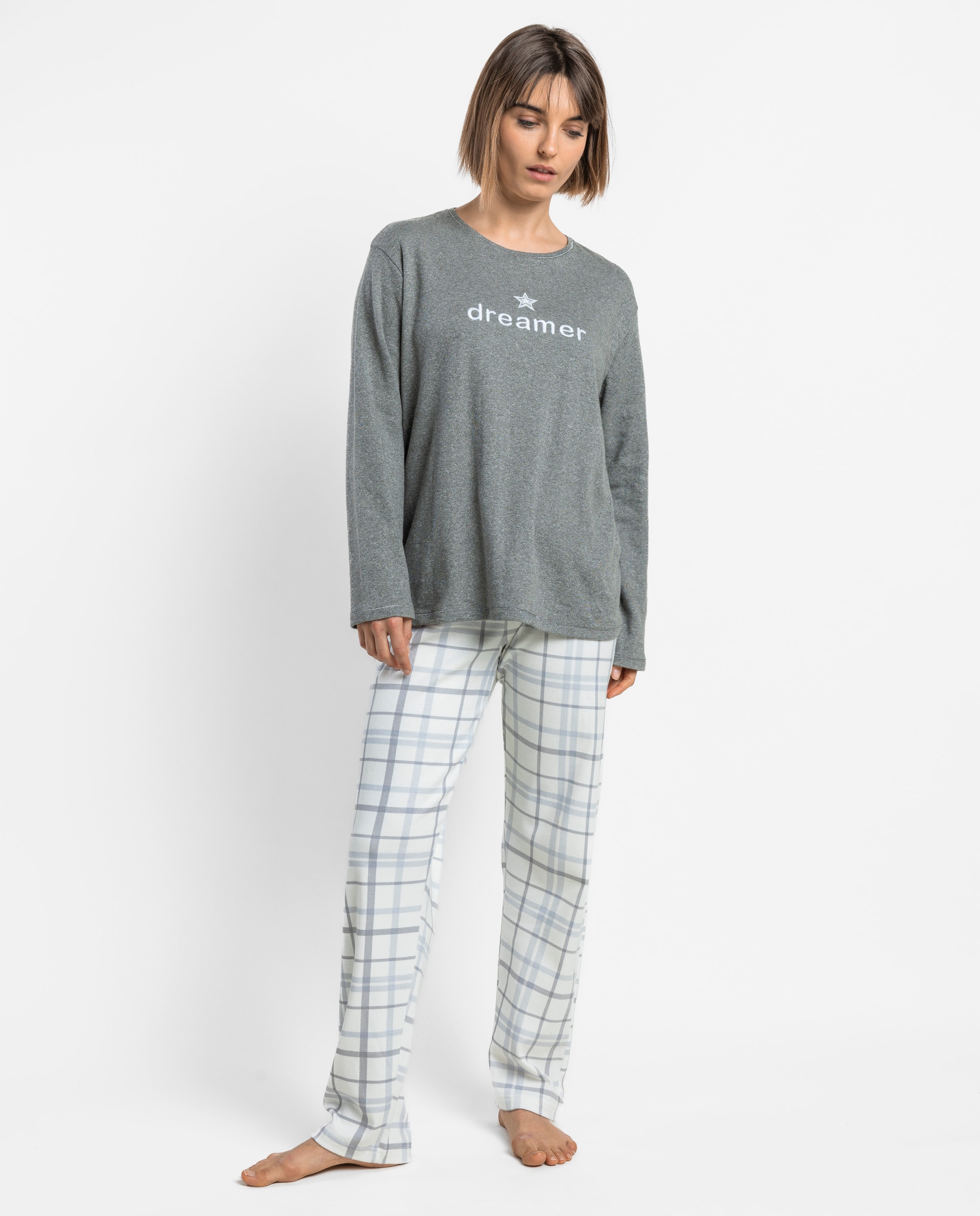 Pijama largo de mujer de punto interlock de algodón - Admas - Gris Gris-1