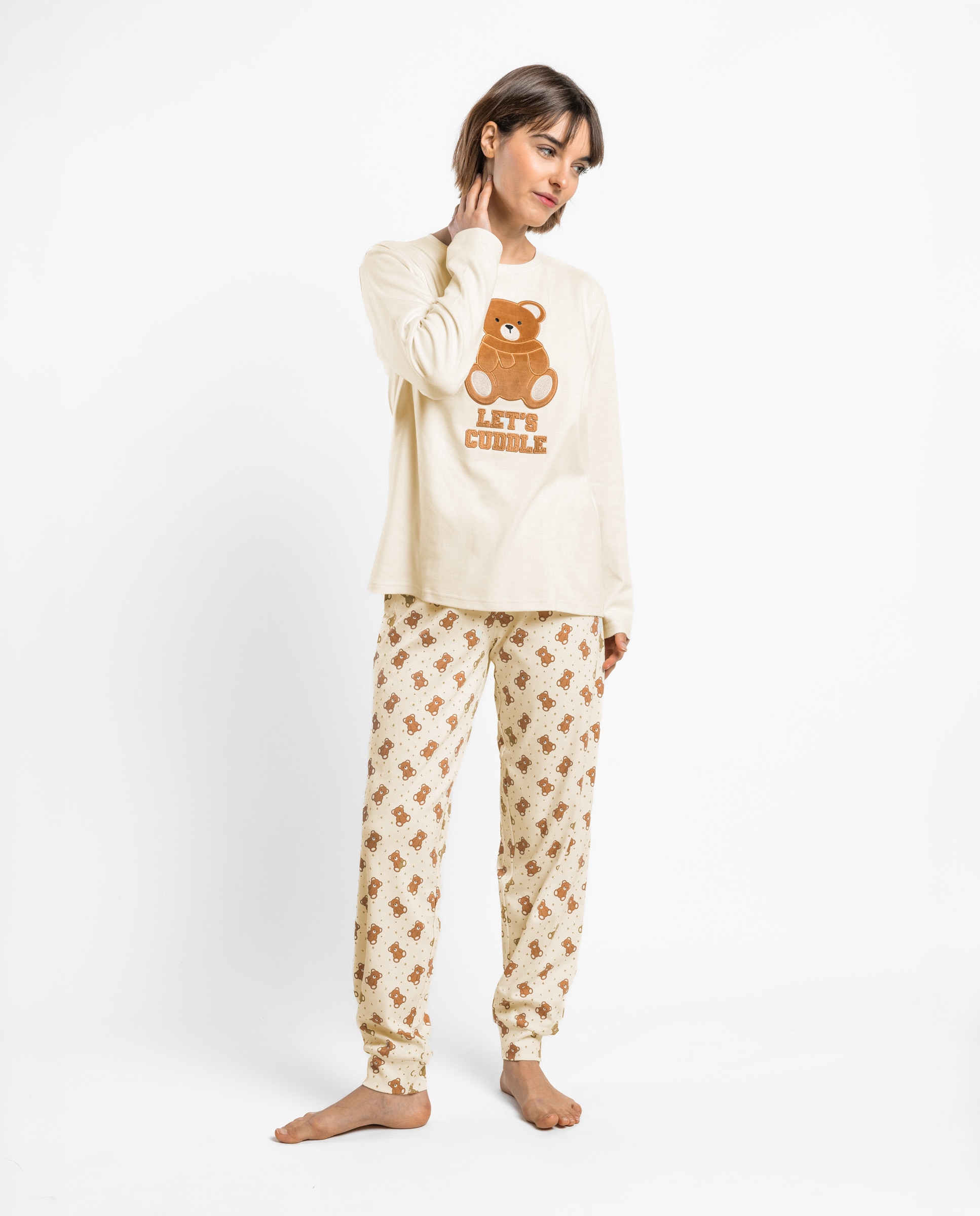 Pijama largo de mujer de punto interlock de algodón - Admas - Crudo Crudo-1