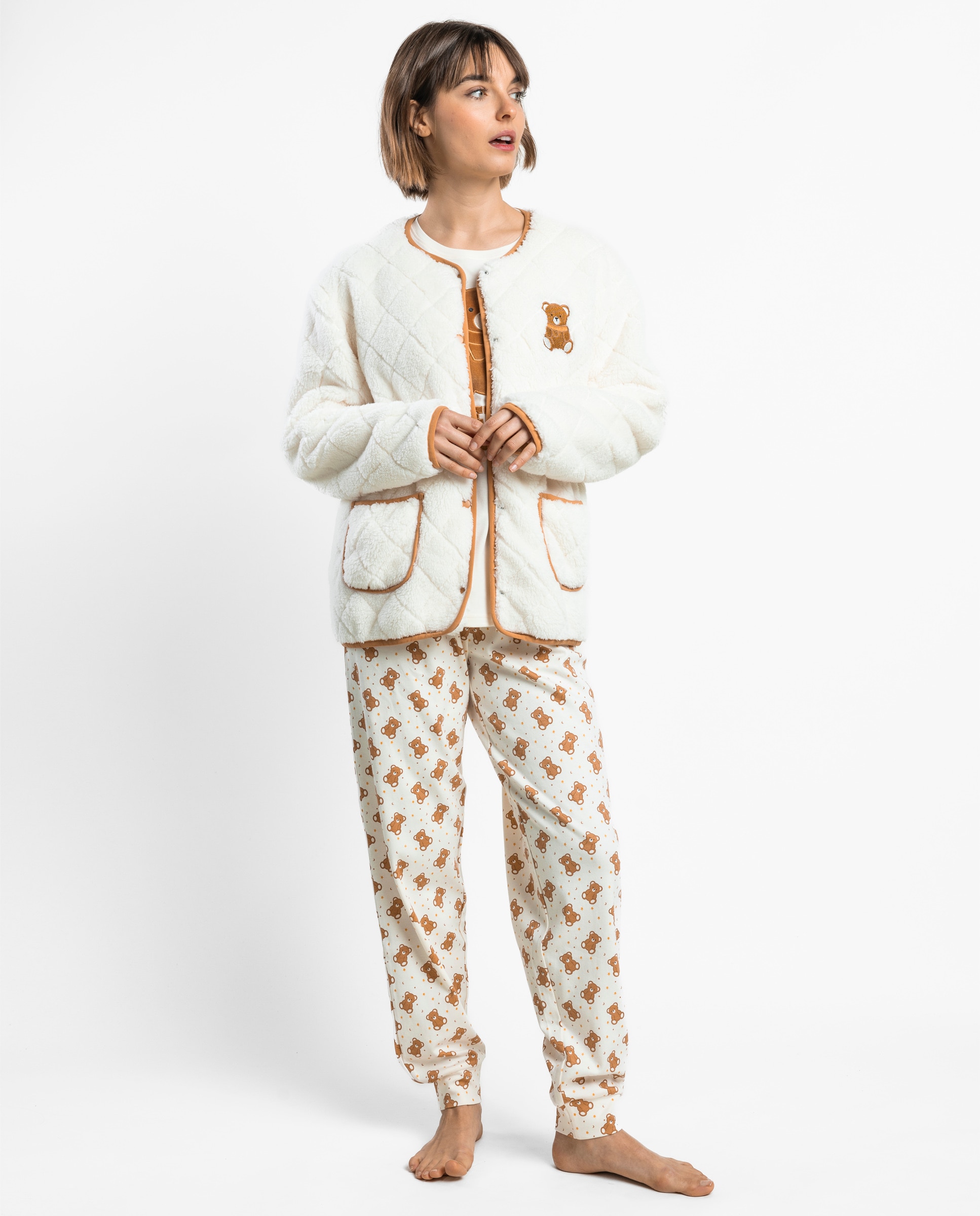 Bata de manga larga de mujer de tejido polar con botones - Admas - Crudo Crudo-1