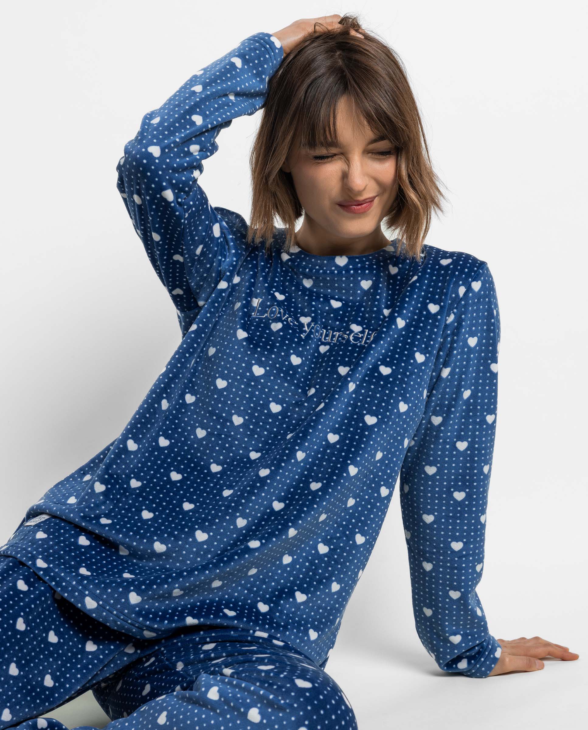 Pijama largo de mujer de tejido de terciopelo doble cara - Admas - Azul Azul-3