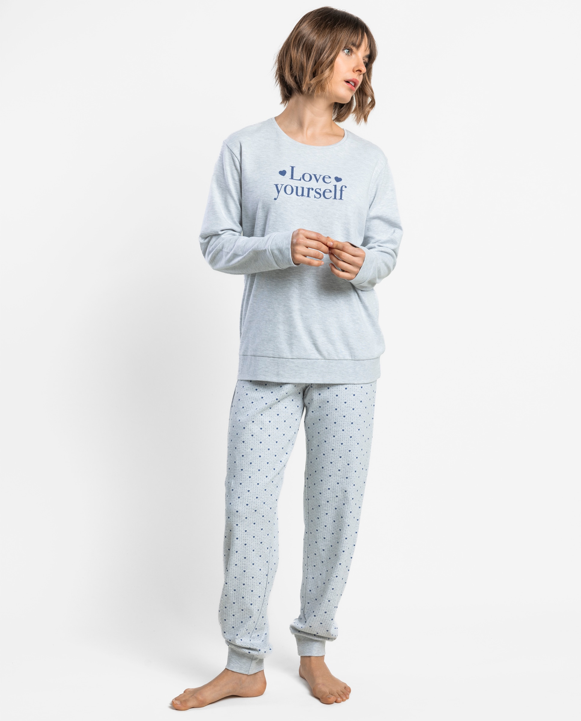 Pijama largo de mujer de punto interlock de algodón - Admas - Gris Gris-1