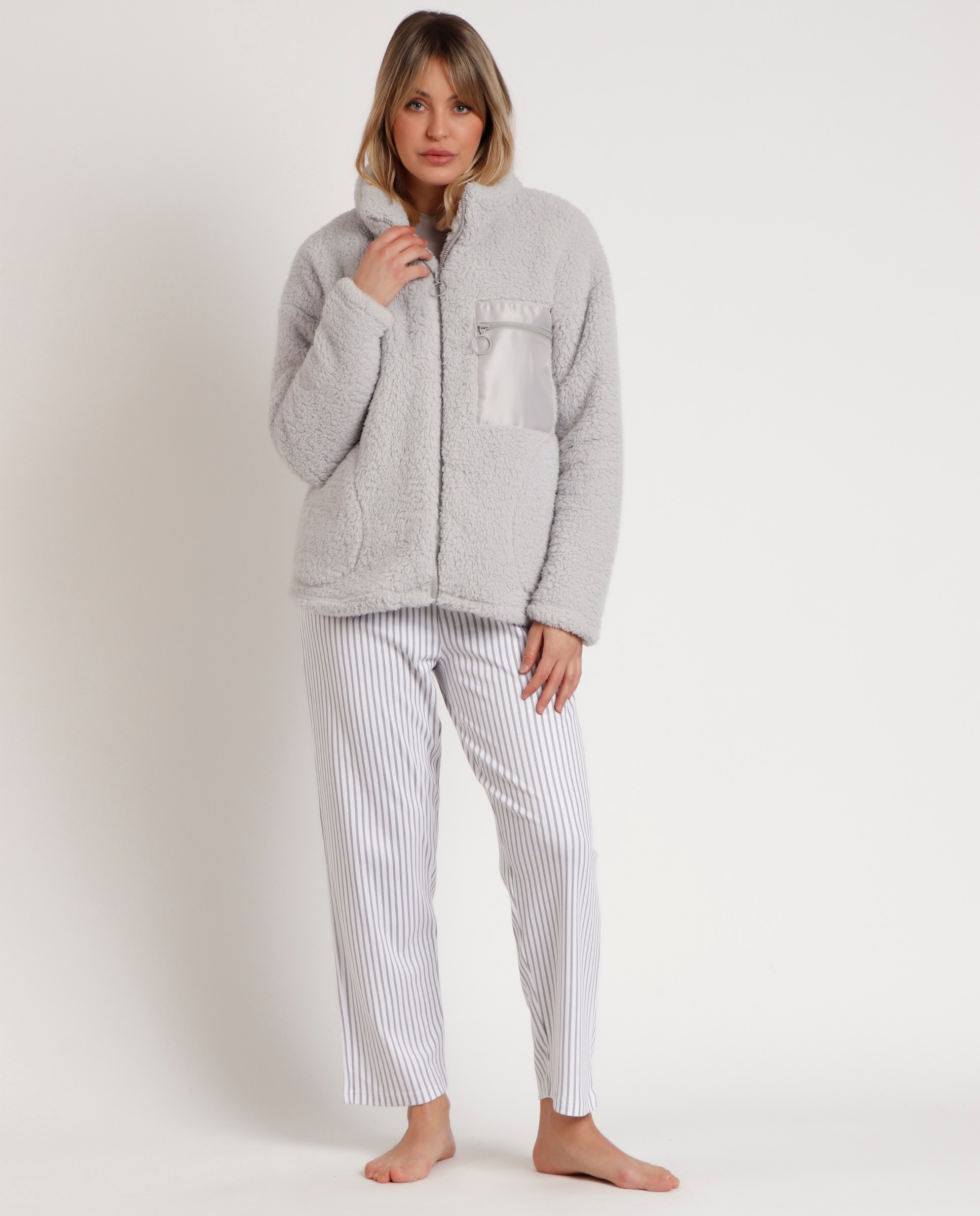Bata de manga larga de mujer de tejido polar con cremallera - Admas - Gris claro Gris claro-1