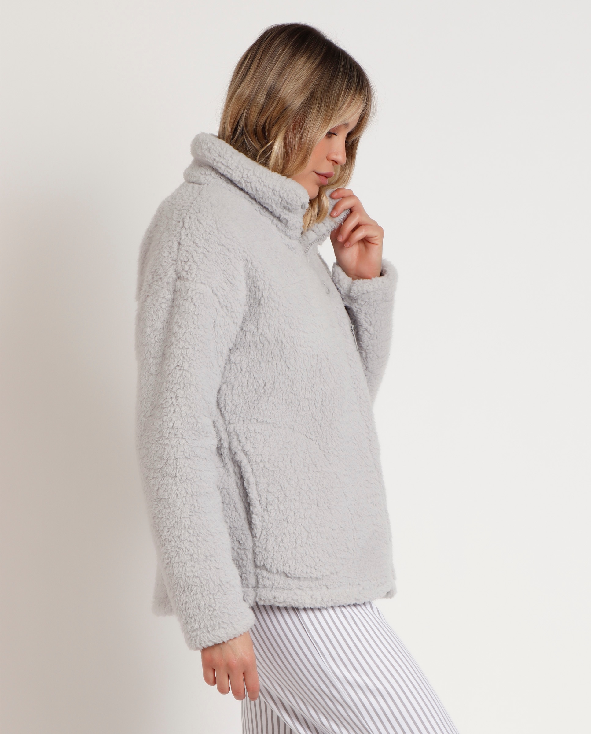 Bata de manga larga de mujer de tejido polar con cremallera - Admas - Gris claro Gris claro-2