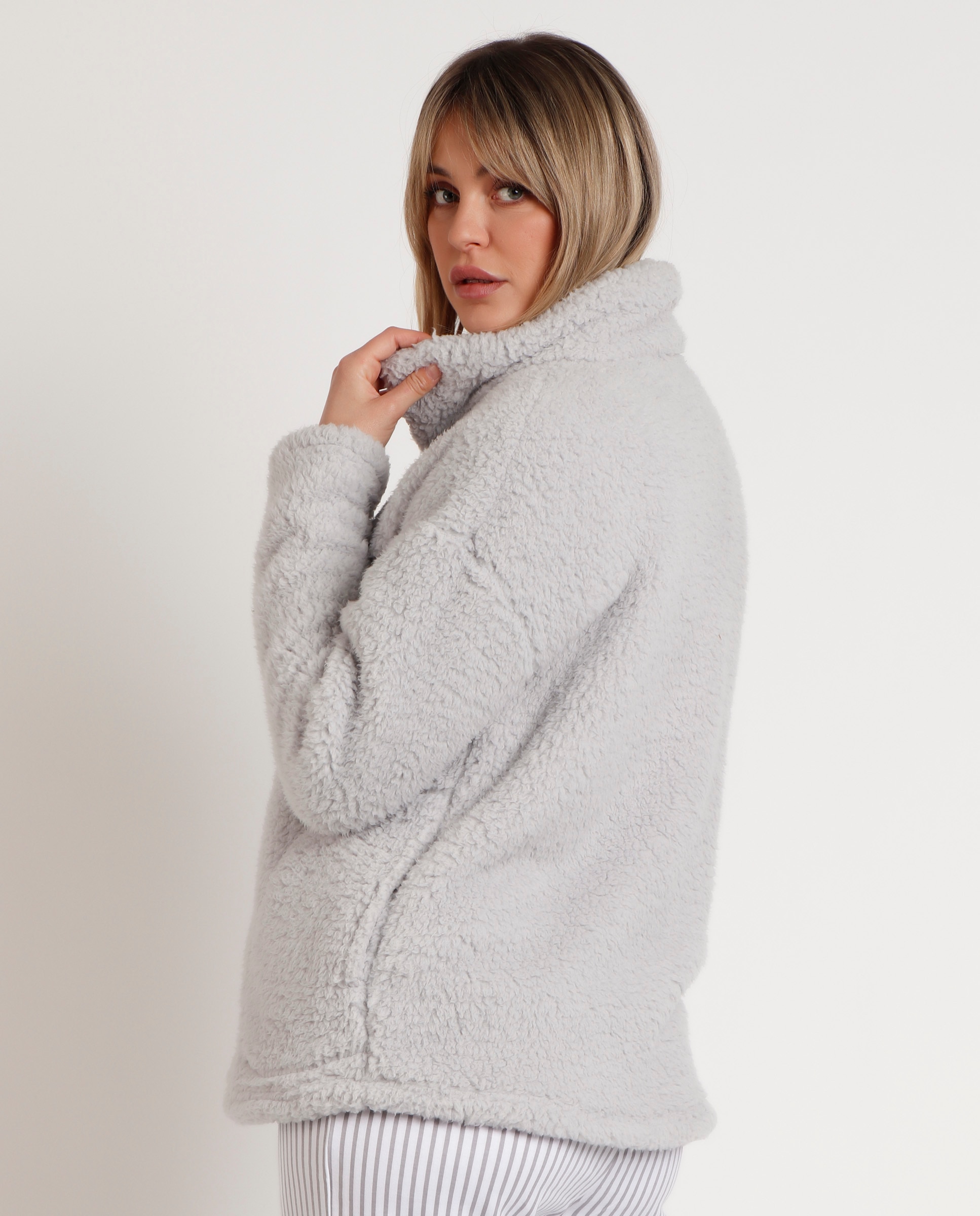 Bata de manga larga de mujer de tejido polar con cremallera - Admas - Gris claro Gris claro-3