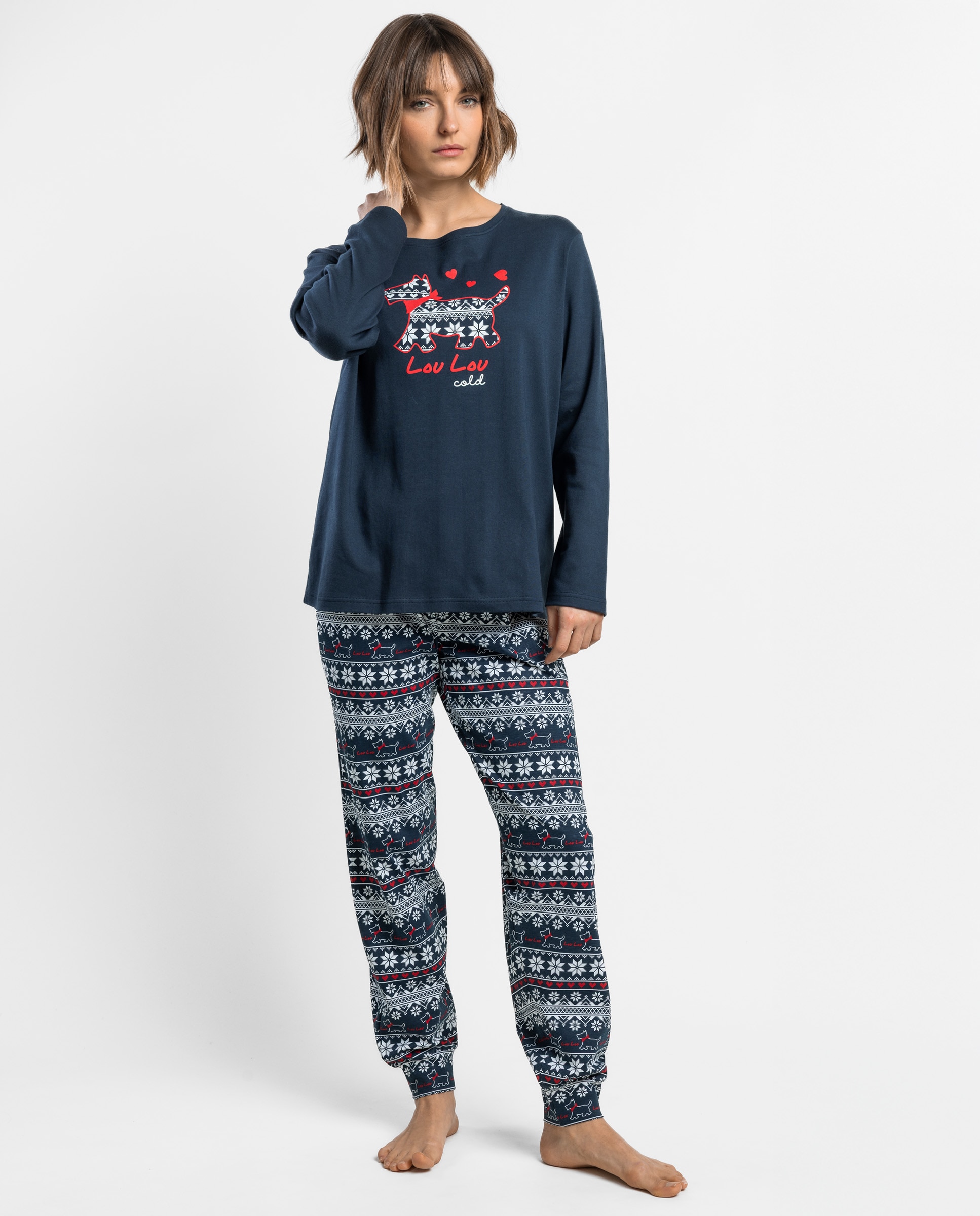 Pijama largo de mujer de punto de algodón - Admas - Azul marino Azul marino-1