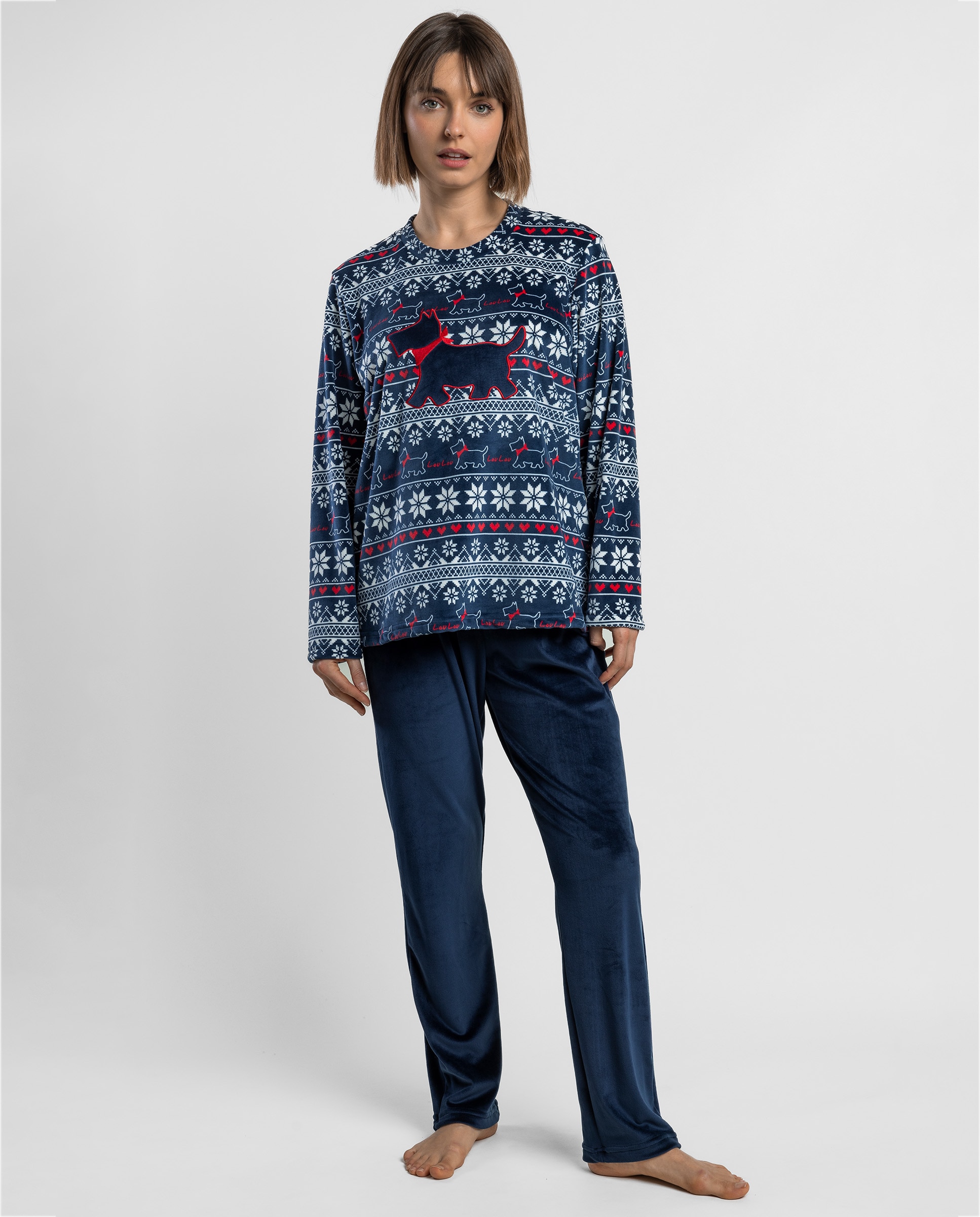 Pijama largo de mujer de tejido de terciopelo doble cara - Admas - Azul marino Azul marino-1