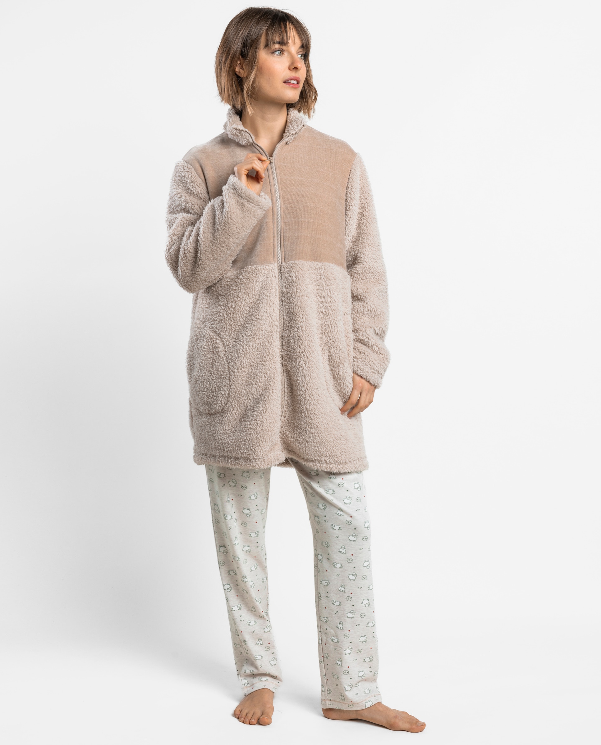Bata de manga larga de mujer de tejido polar con cremallera - Admas - Beige Beige-1