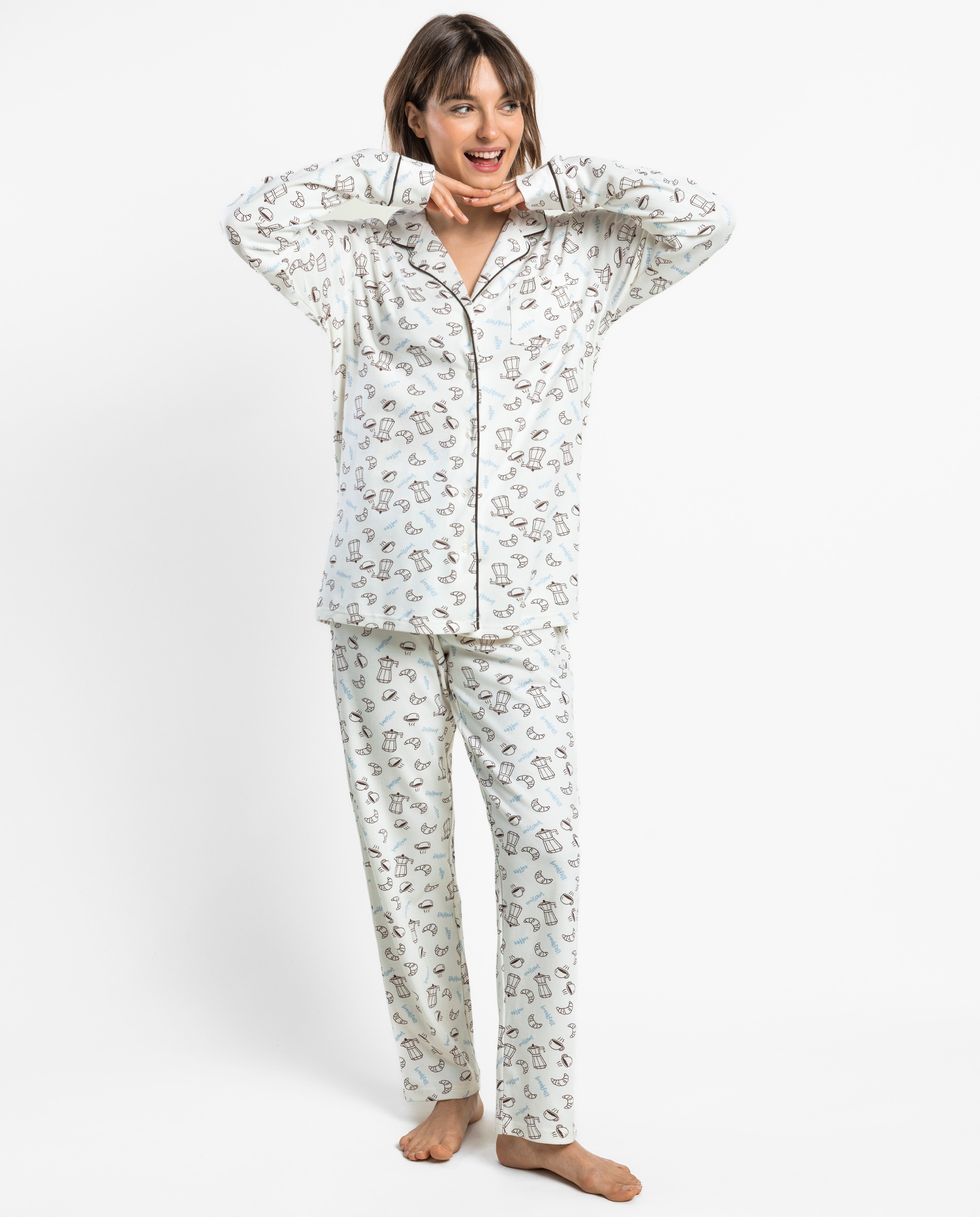 Pijama largo abierto de mujer de punto de algodón - Admas - Crudo Crudo-1