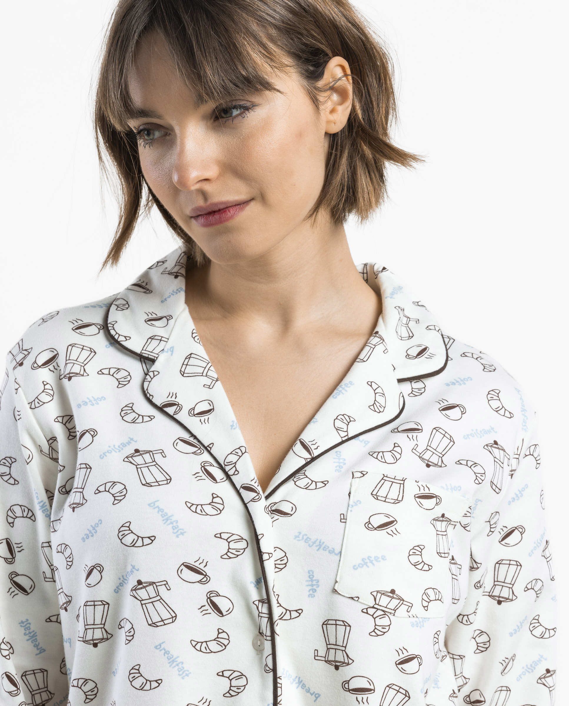 Pijama largo abierto de mujer de punto de algodón - Admas - Crudo Crudo-3