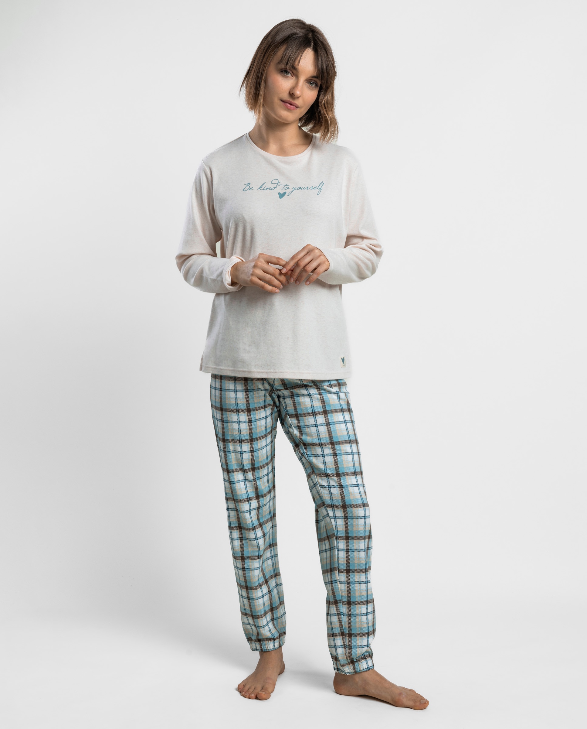 Pijama largo de mujer de punto de algodón - Admas - Beige Beige-1