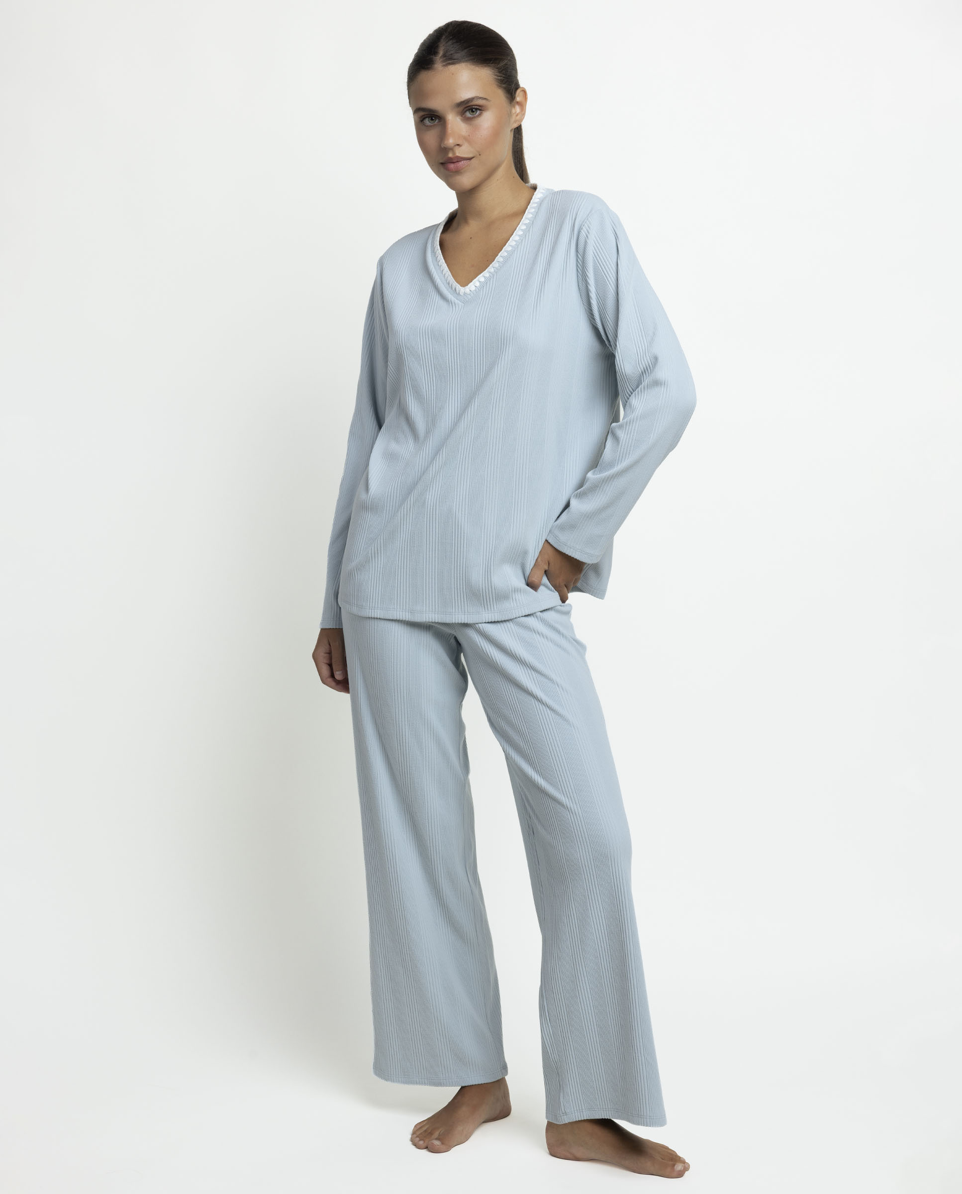 Pijama largo de mujer de punto canalé - Admas - Verde Agua Verde Agua-1