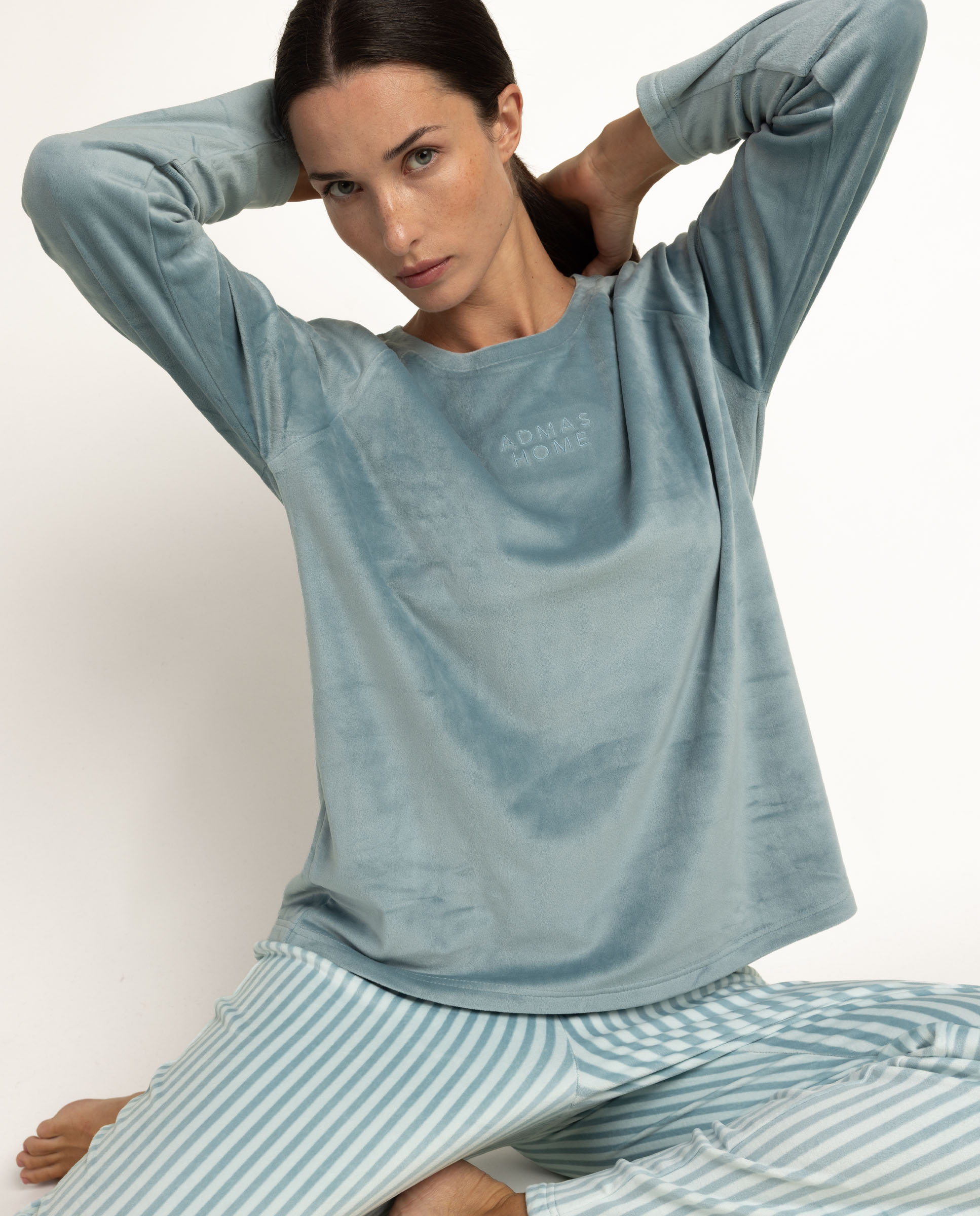 Pijama largo de mujer de tejido de terciopelo doble cara - Admas - Verde Agua Verde Agua-3