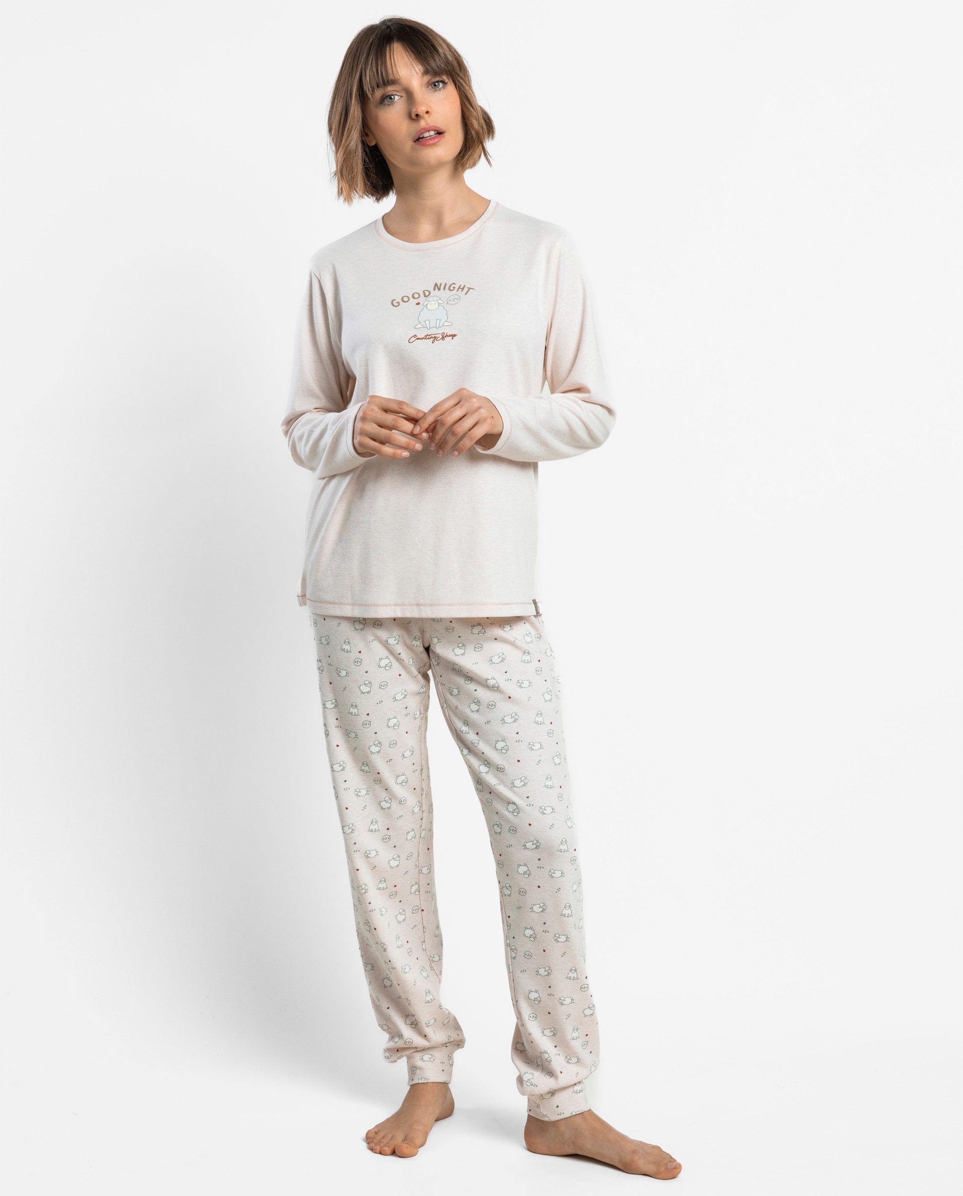 Pijama largo de mujer de punto interlock de algodón - Admas - Beige Beige-1