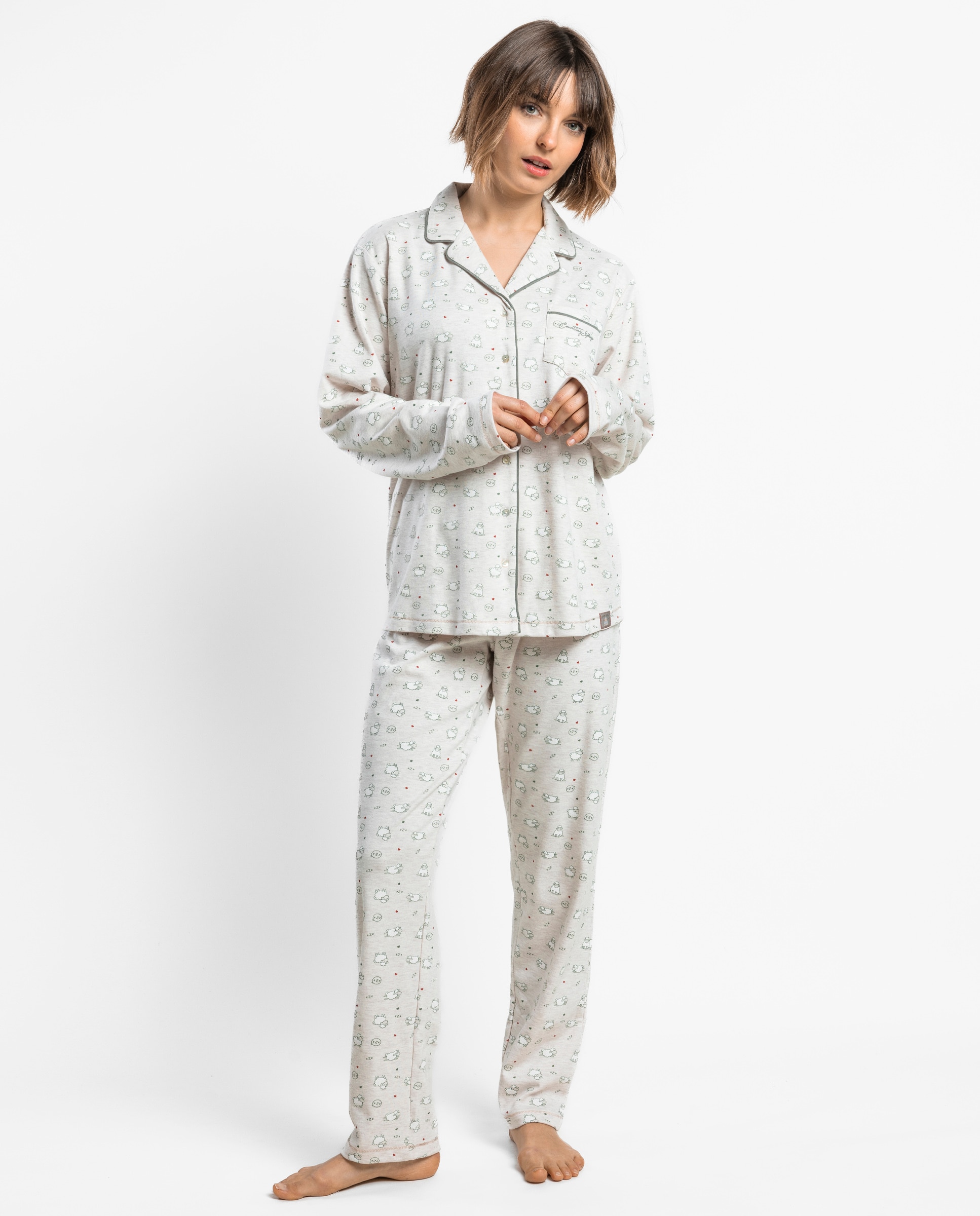 Pijama largo abierto de mujer de punto interlock de algodón - Admas - Beige Beige-1