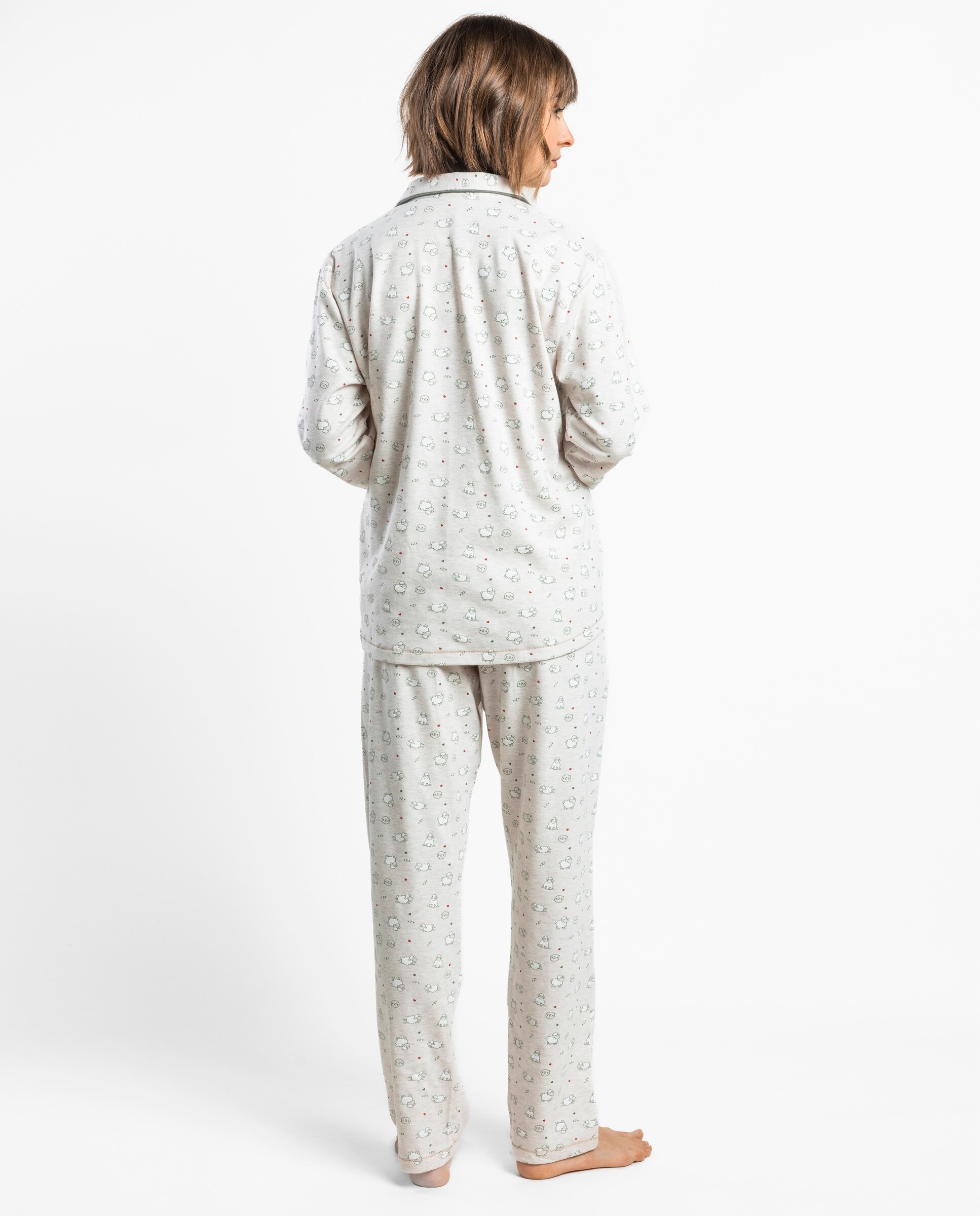 Pijama largo abierto de mujer de punto interlock de algodón - Admas - Beige Beige-2