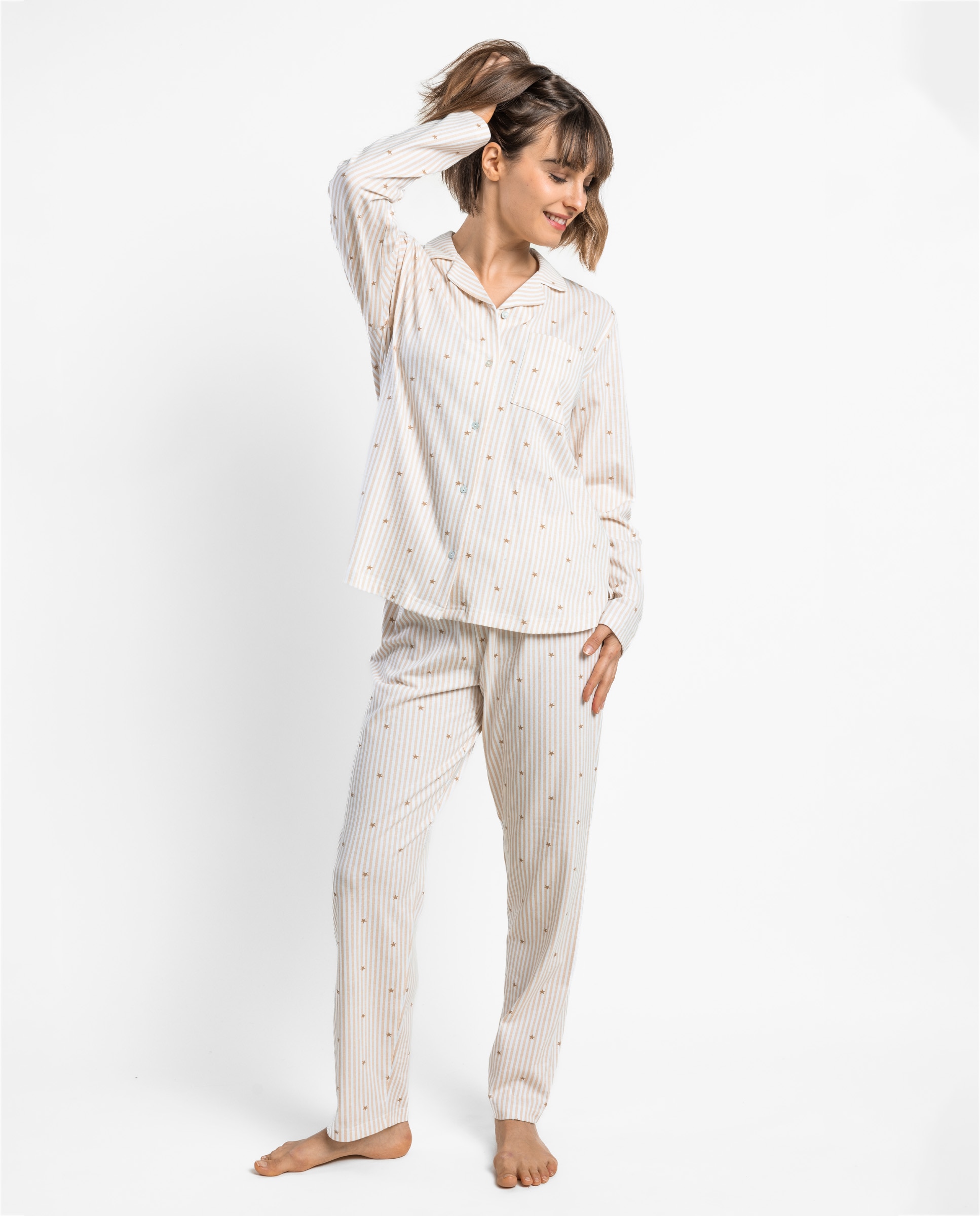 Pijama largo abierto de mujer de punto viscosa - Admas - Beige Beige-1