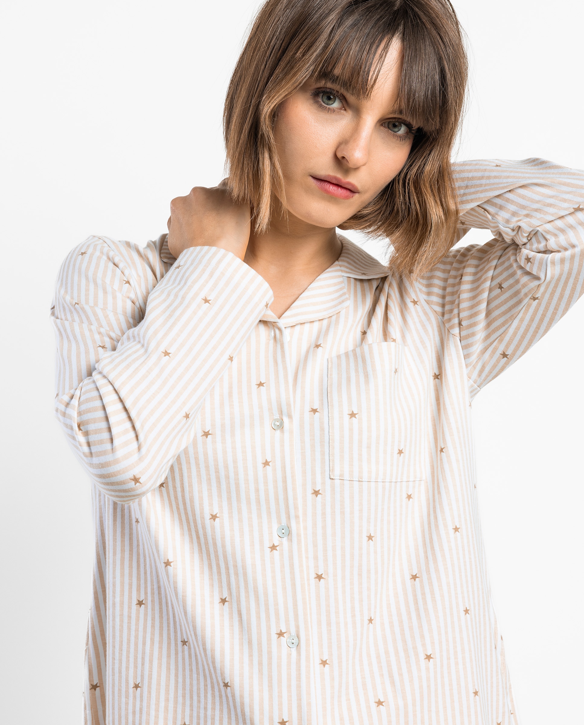 Pijama largo abierto de mujer de punto viscosa - Admas - Beige Beige-3