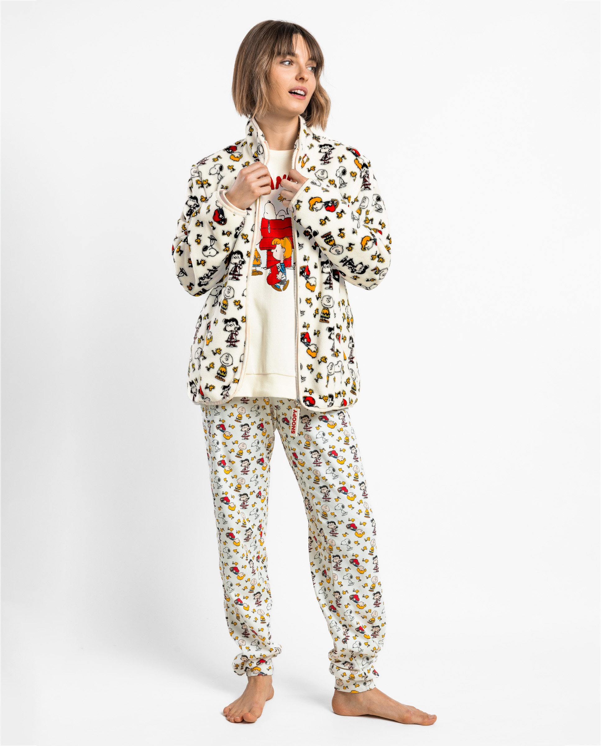 Bata de manga larga de mujer de tejido polar con cremallera - Peanuts - Crudo Crudo-1