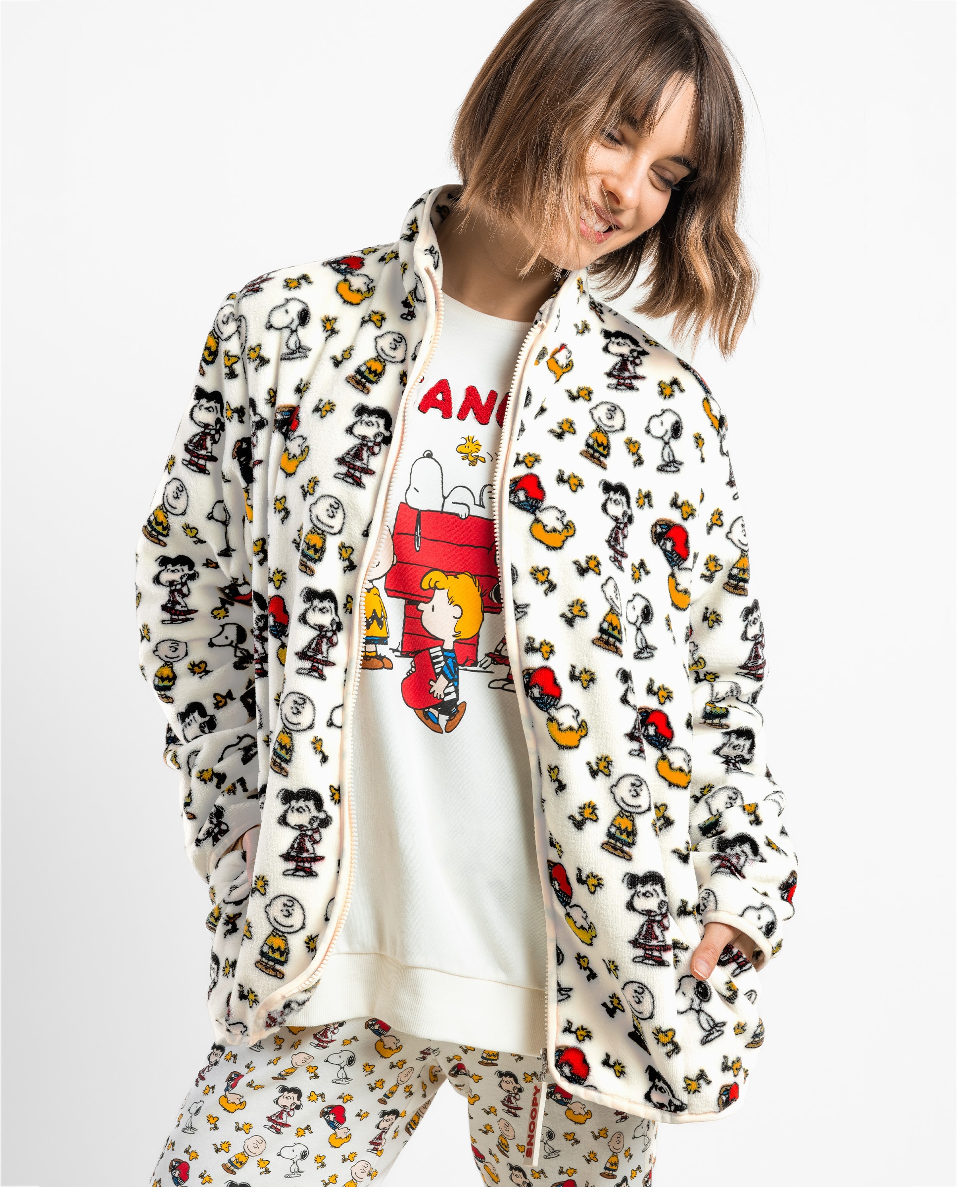 Bata de manga larga de mujer de tejido polar con cremallera - Peanuts - Crudo Crudo-3