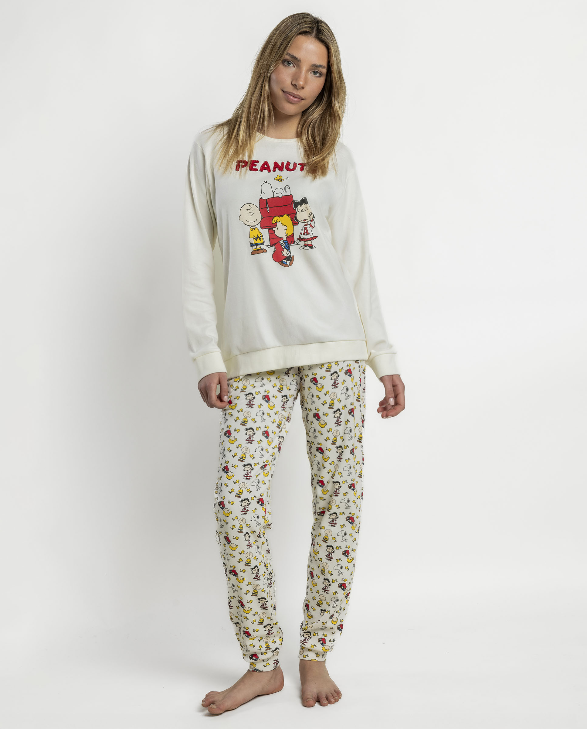 Imagen 0 de Pijama largo de mujer de punto interlock de algodón Crudo