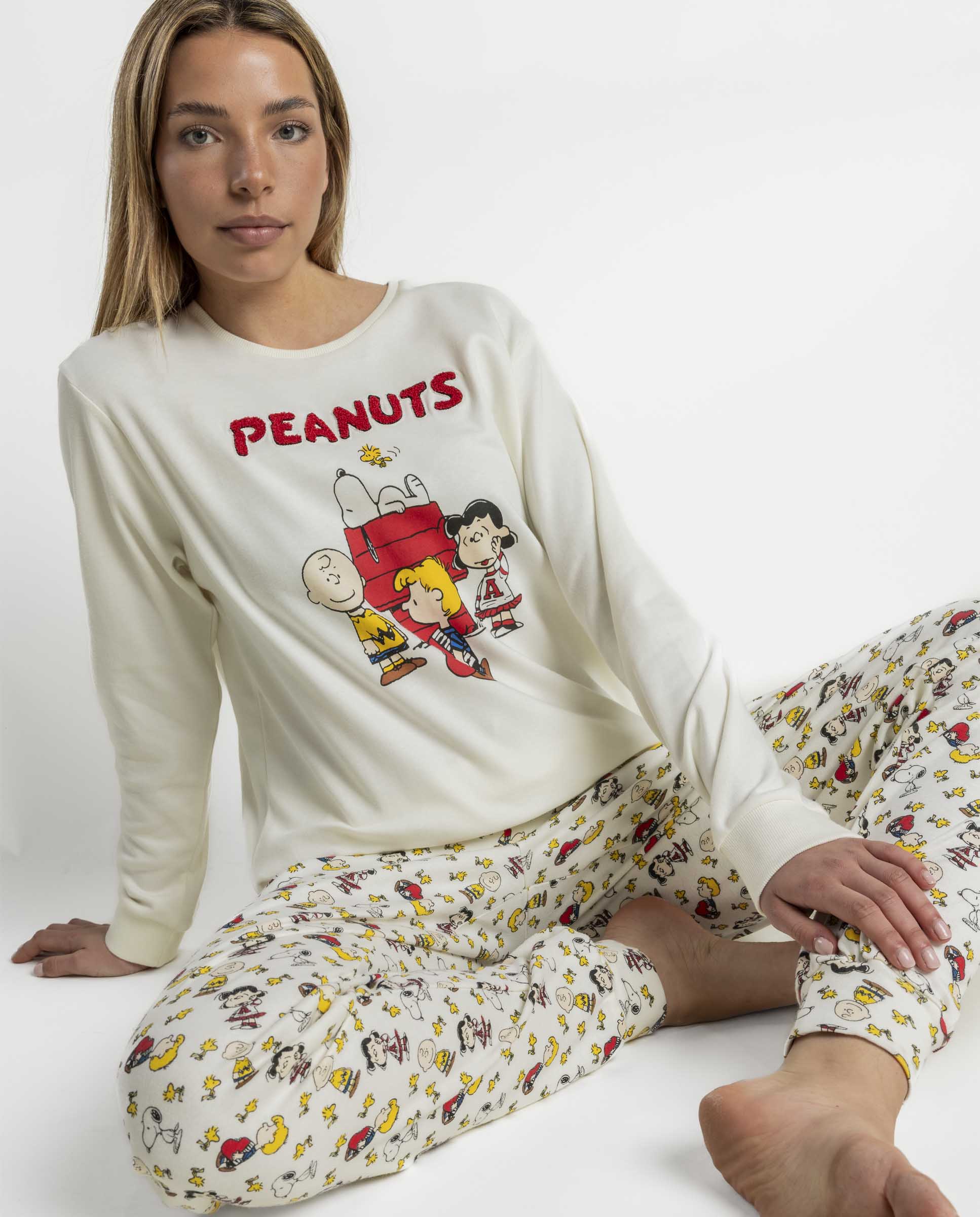 Pijama largo de mujer de punto interlock de algodón - Peanuts - Crudo Crudo-3