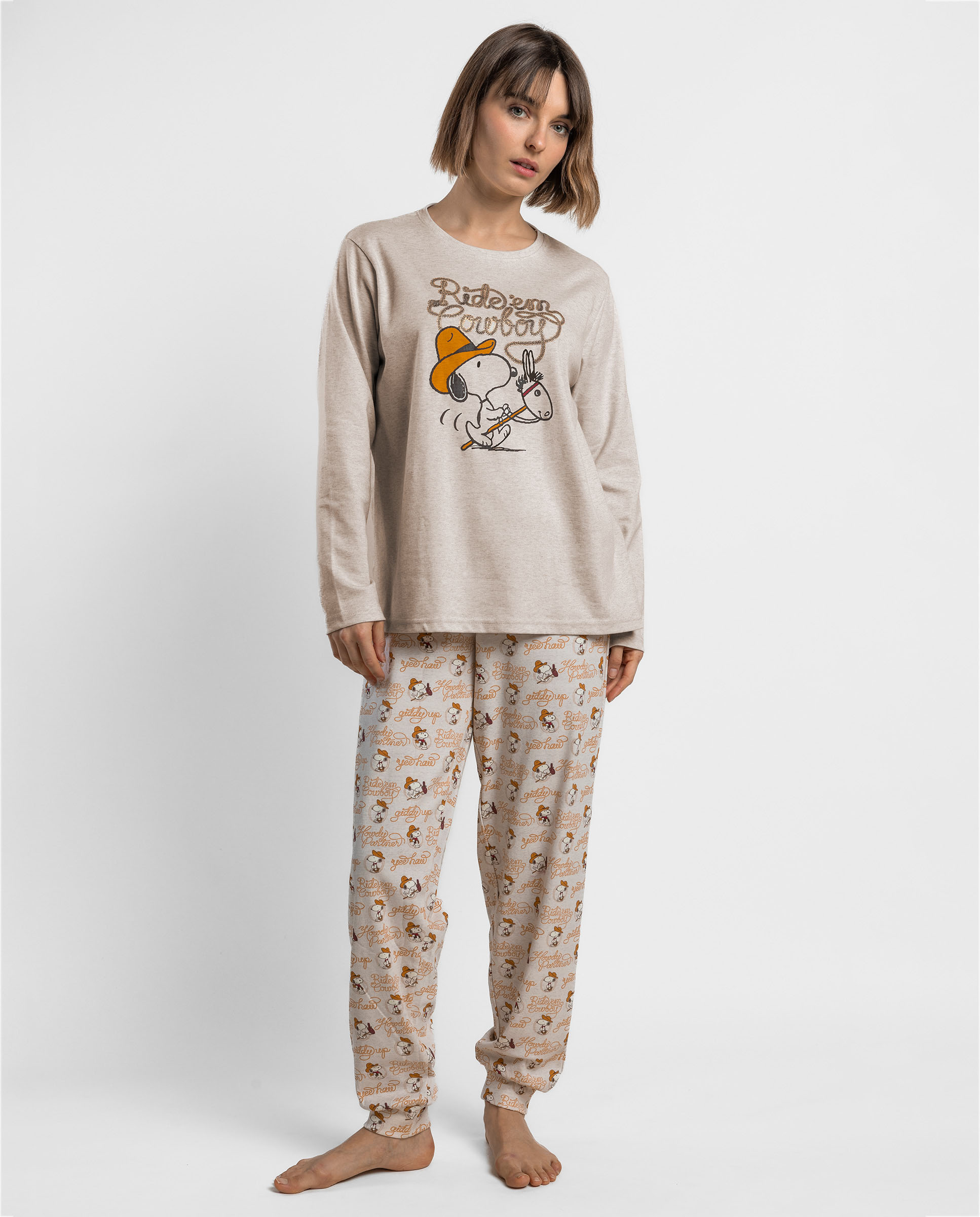Pijama largo de mujer de punto de algodón - Peanuts - Beige Beige-1