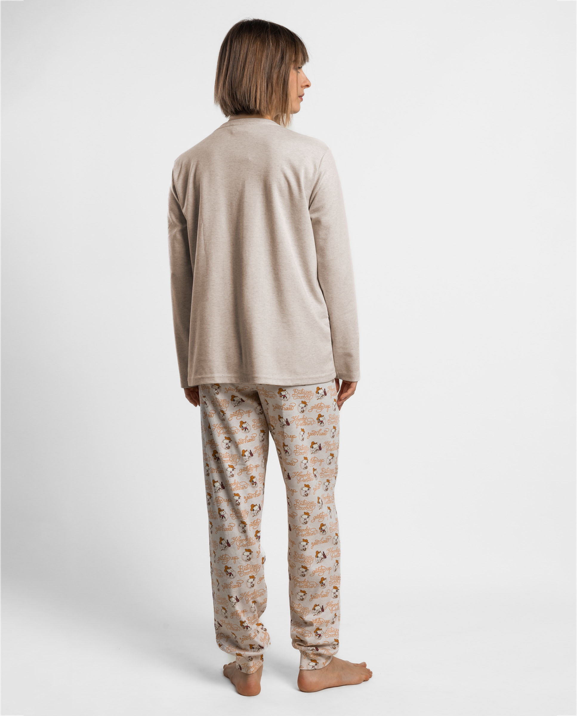 Pijama largo de mujer de punto de algodón - Peanuts - Beige Beige-2