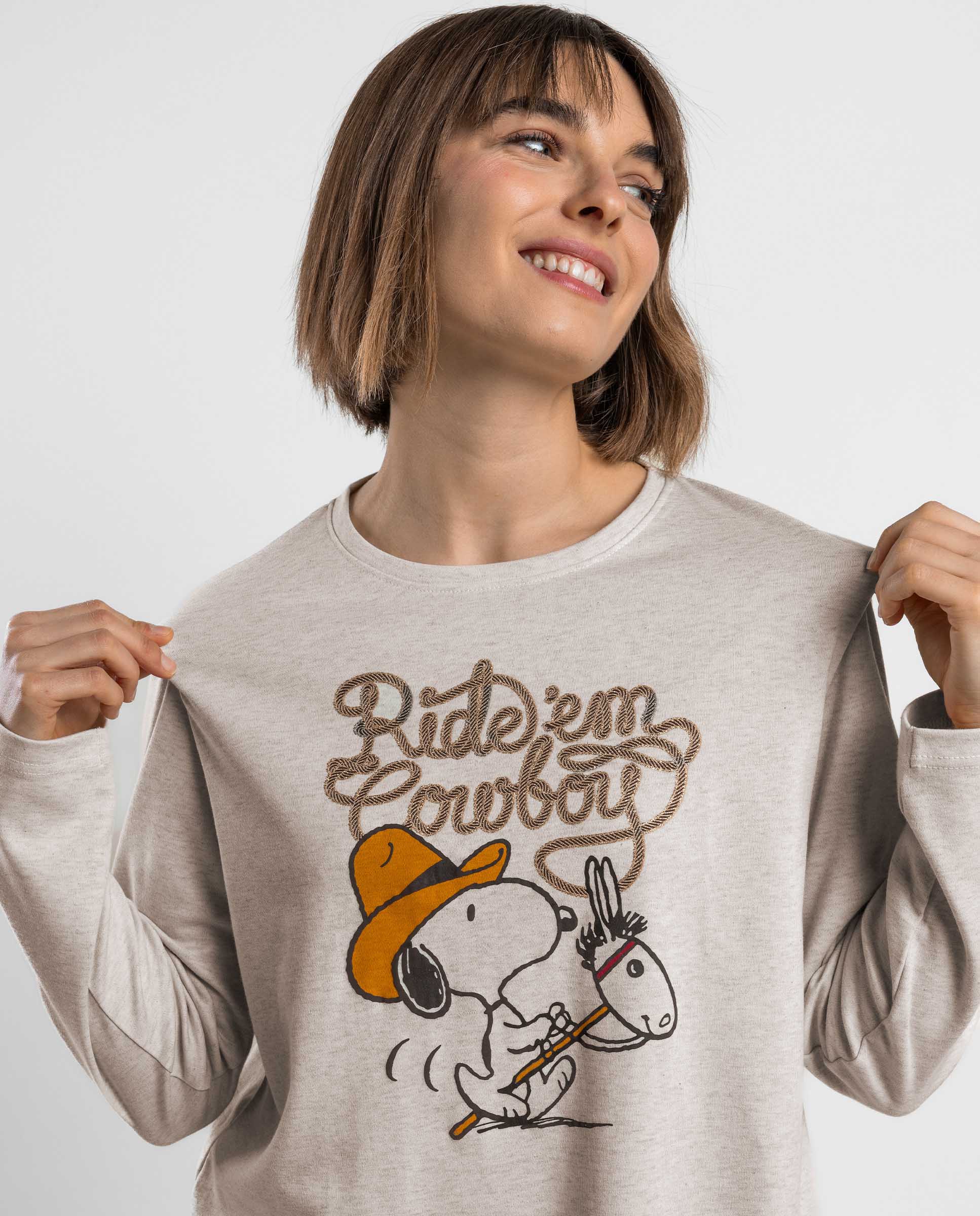 Pijama largo de mujer de punto de algodón - Peanuts - Beige Beige-3