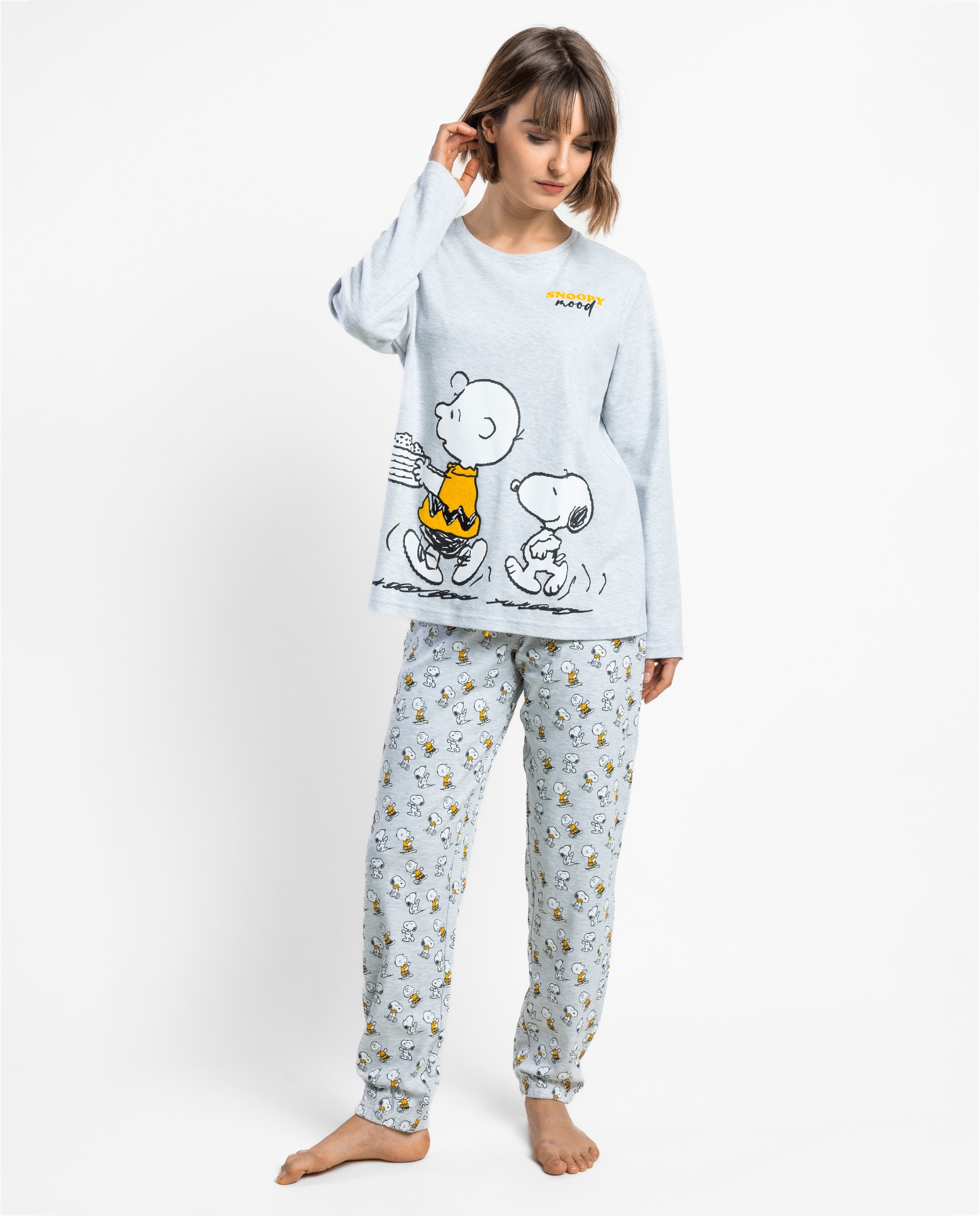 Pijama largo de mujer de punto interlock de algodón - Peanuts - Gris Gris-1
