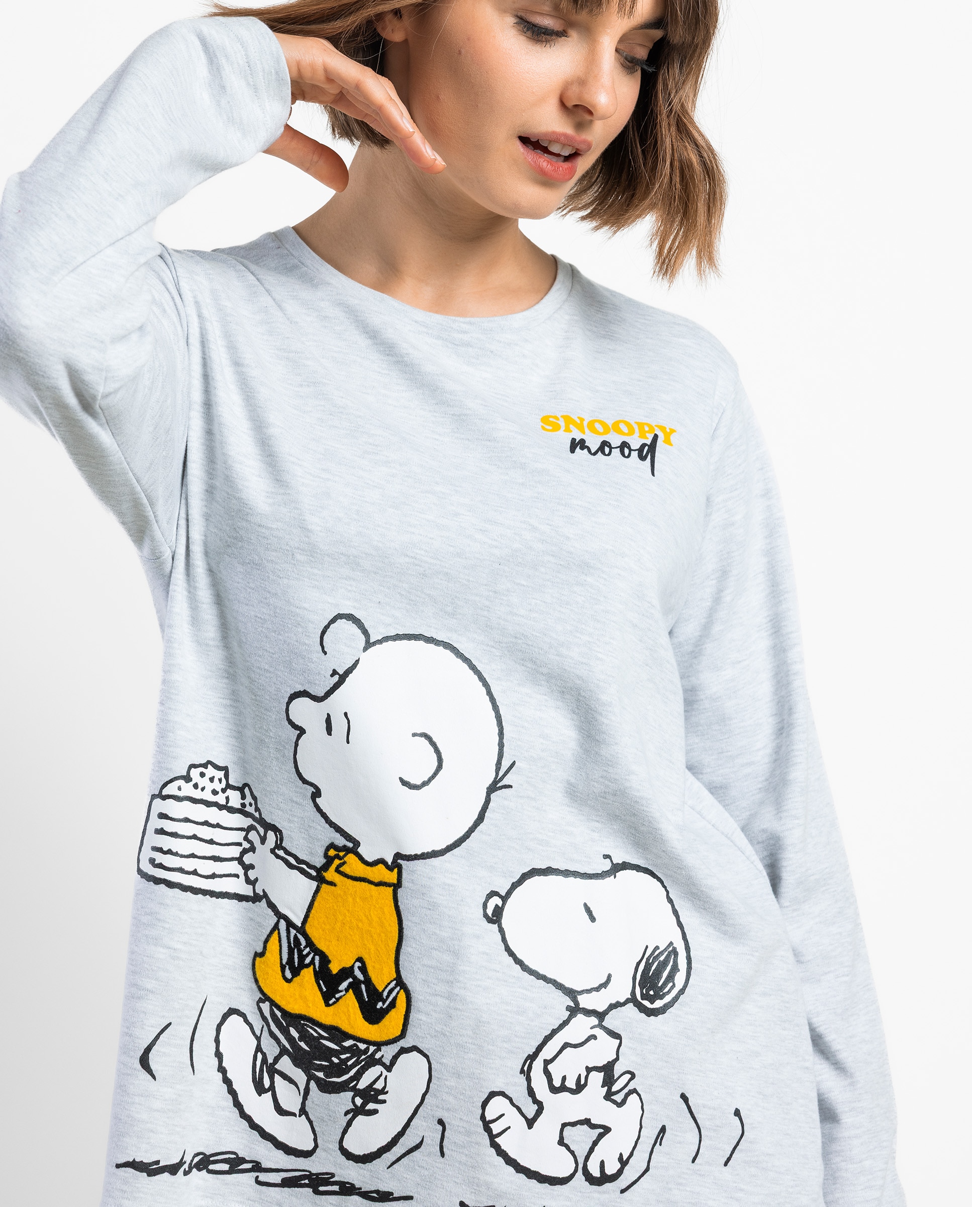Pijama largo de mujer de punto interlock de algodón - Peanuts - Gris Gris-3