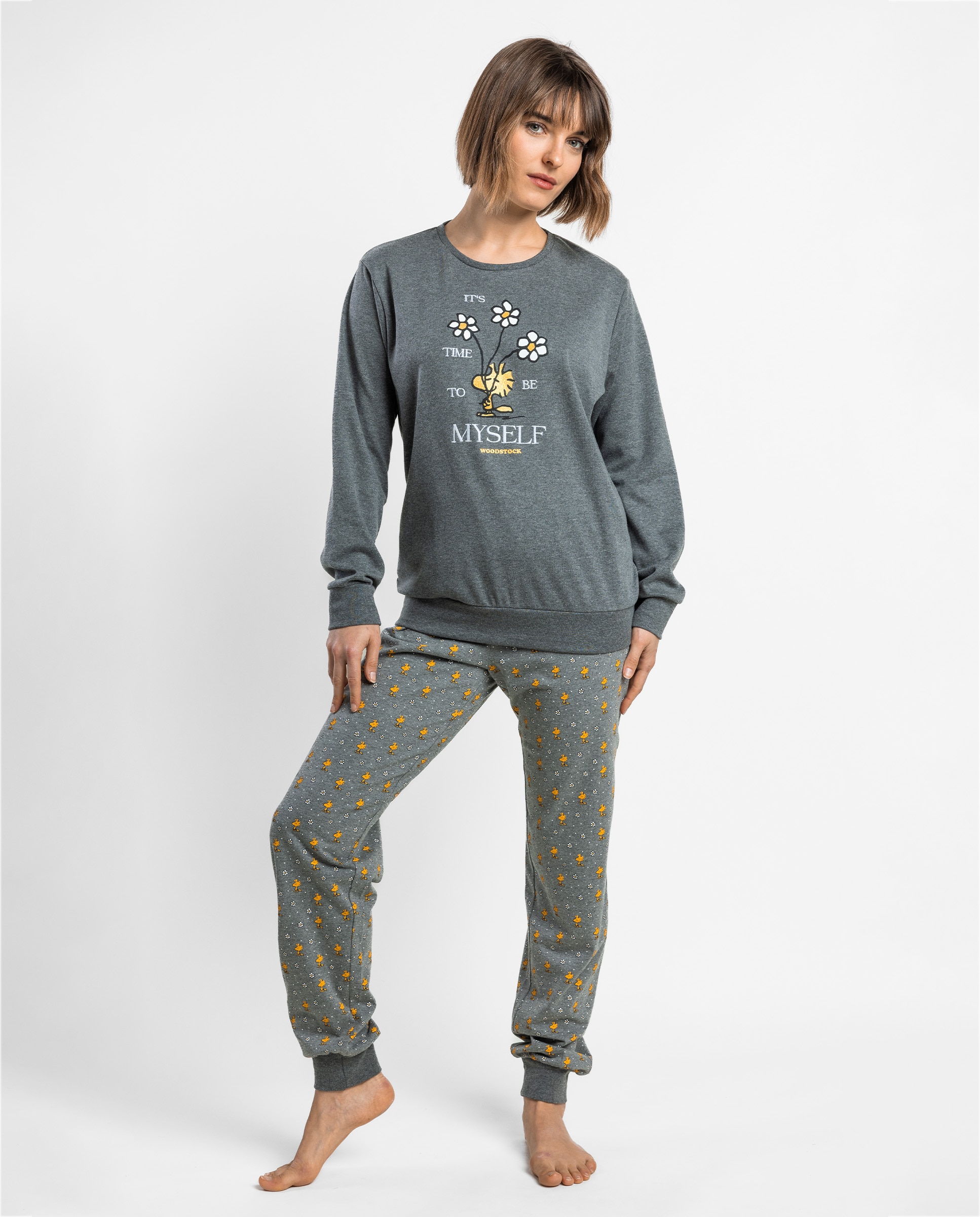 Imagen 0 de Pijama largo de mujer de punto de algodón Gris