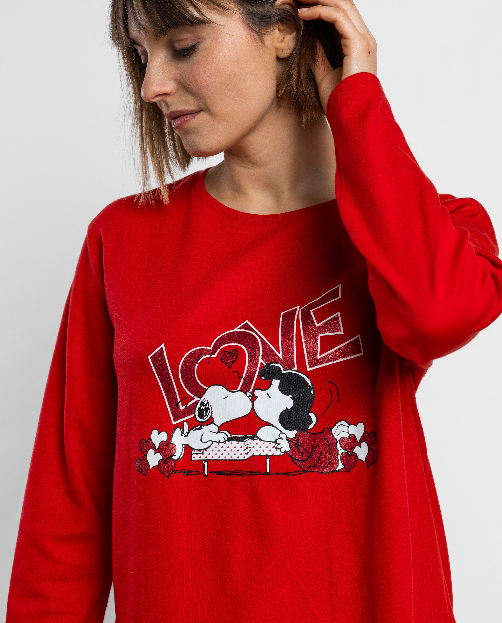 Pijama largo de mujer de punto interlock de algodón - Peanuts - Rojo Rojo-3